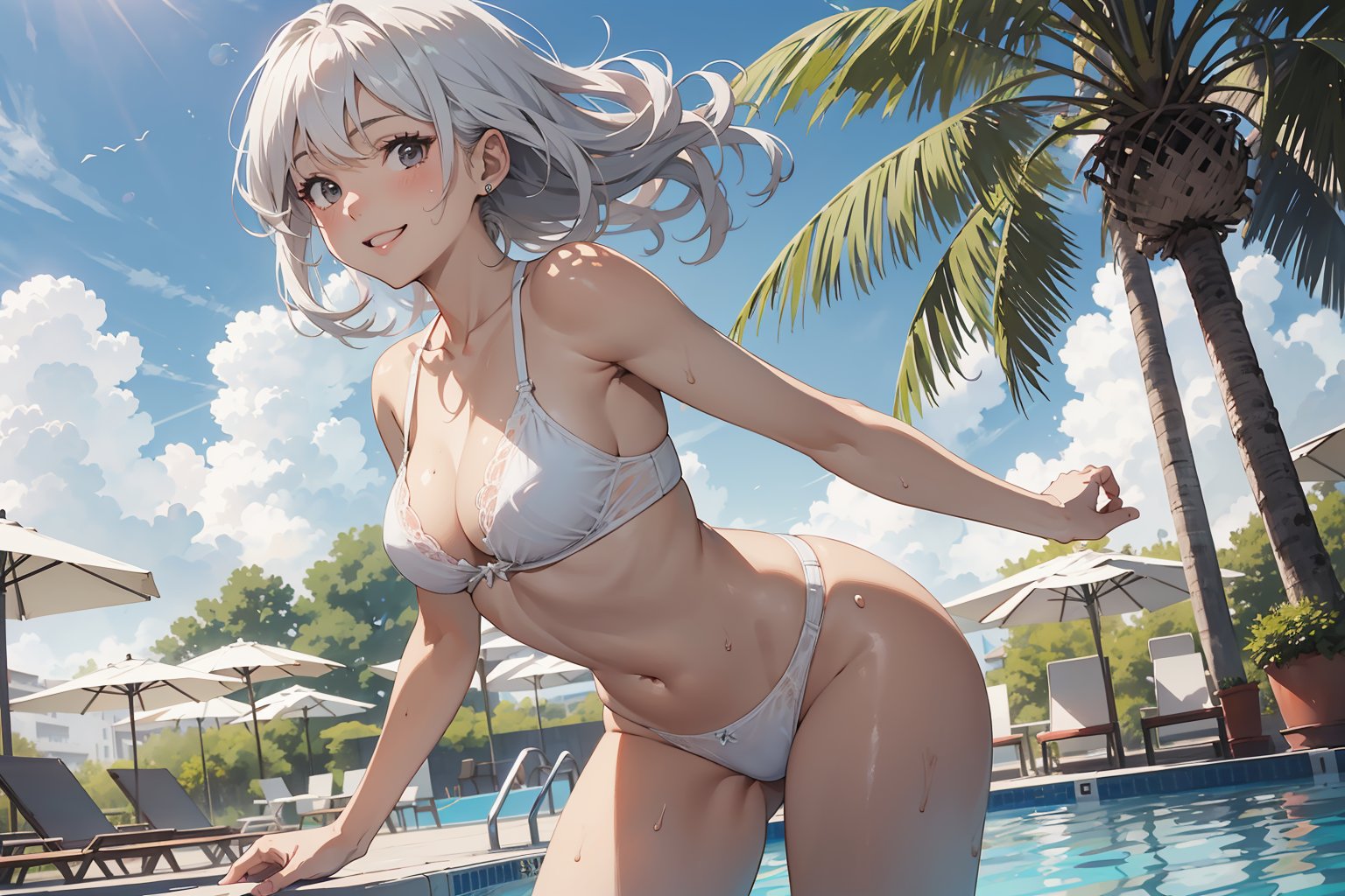 (colored pencil drawing)1.3,(official art)1.4,(sexy Girl)1.4,(wearing underwear)1.4,(sweat)1.4,(tanned skin)1.4,(untanned white skin)1.3,anime visual,(1girl),(stand at the pool side)1.4,resort hotel pool,summer,(fun,enjoy,smile)1.3,(resort hotel), ,daytime sun light,blue sky and white clouds,summer,(Gravure shooting scenery)1.3,,soft clean focus,soft clean focus, realistic lighting and shading, (an extremely delicate and beautiful art)1.3, elegant,active,dynamism pose