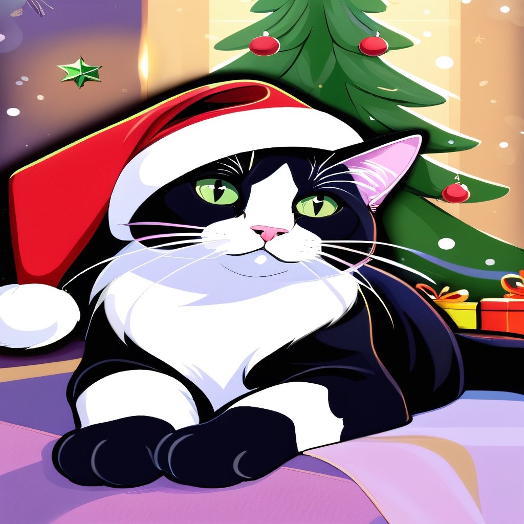 masterpiece, best quality, cat, feline, flat color, christmas hat, christmas tree,oil painting style