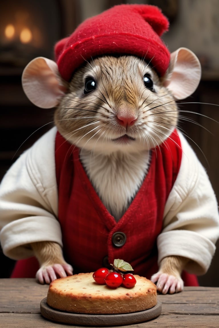 Best quality, masterpiece, ultra high res, (photorealistic:1.37), raw photo, Year 1852, ((1 realistic poor mouse wearing old rundown red clothing and old red hats)), chrismas style, sitting up against a full size christmas fruitcake, glass on the face, getting fat.
