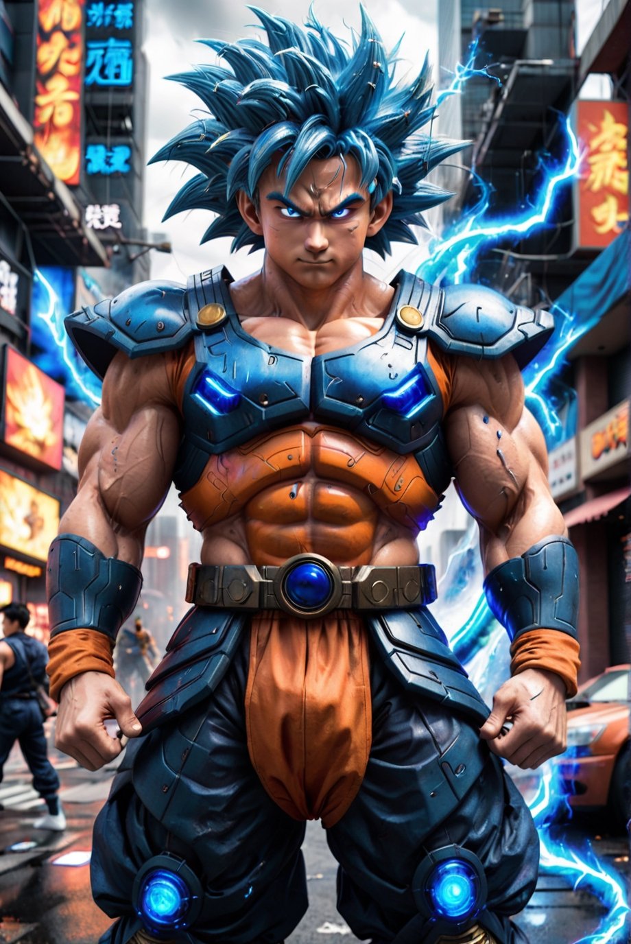 Super detailed live-action Dragon Ball Goku, strong exaggerated body, surrounded by blue energy, wearing armor, cyberpunk city, movie environment.