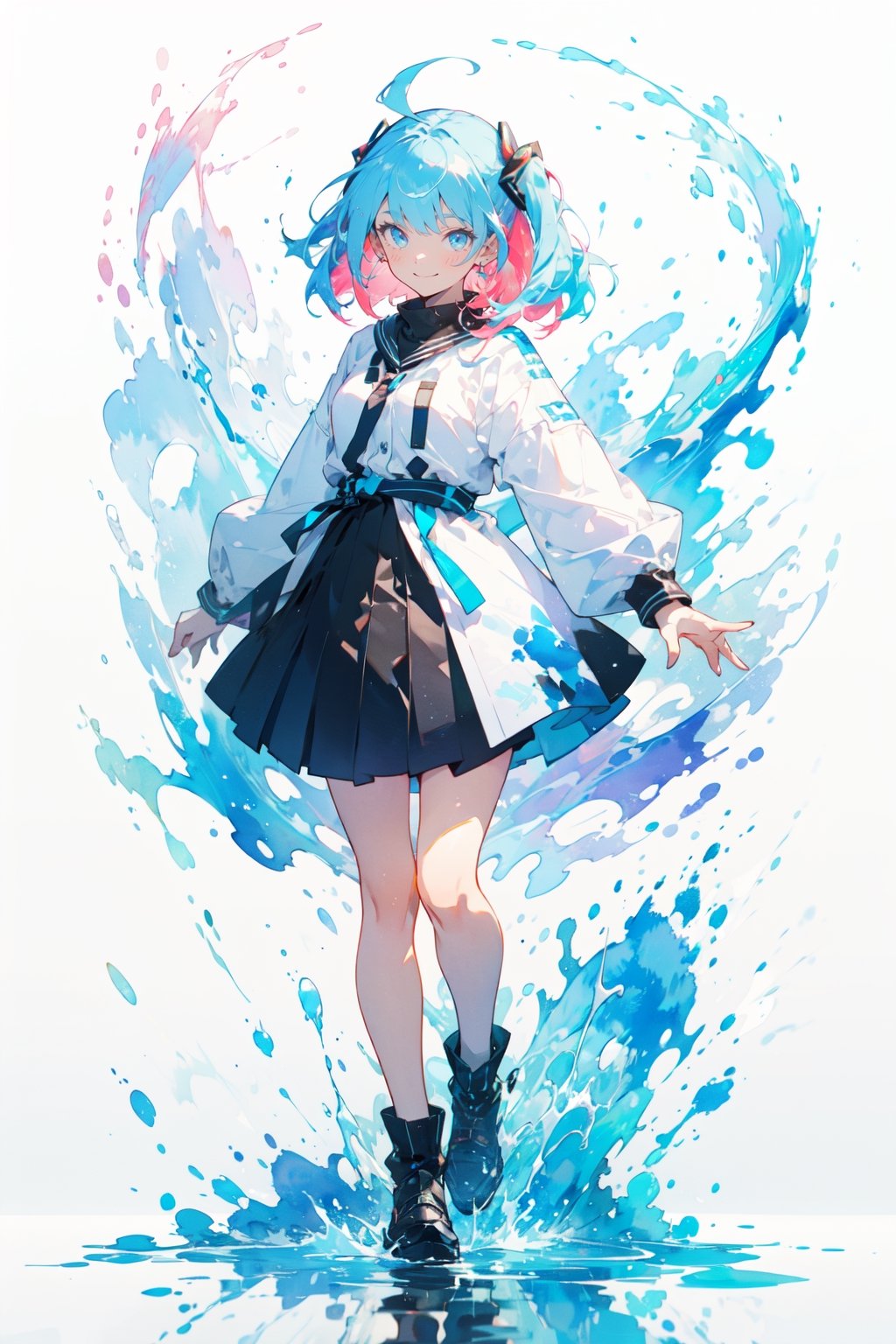 white background, (multicolored background, ink, colorful:1.2), straight-on, 1girl, solo, cute face, light blue hair, floating hair, timid smile, closed mouth, standing, arms behind back, (splashing), watercolor, (nice hands, perfect hands, detailed hands)