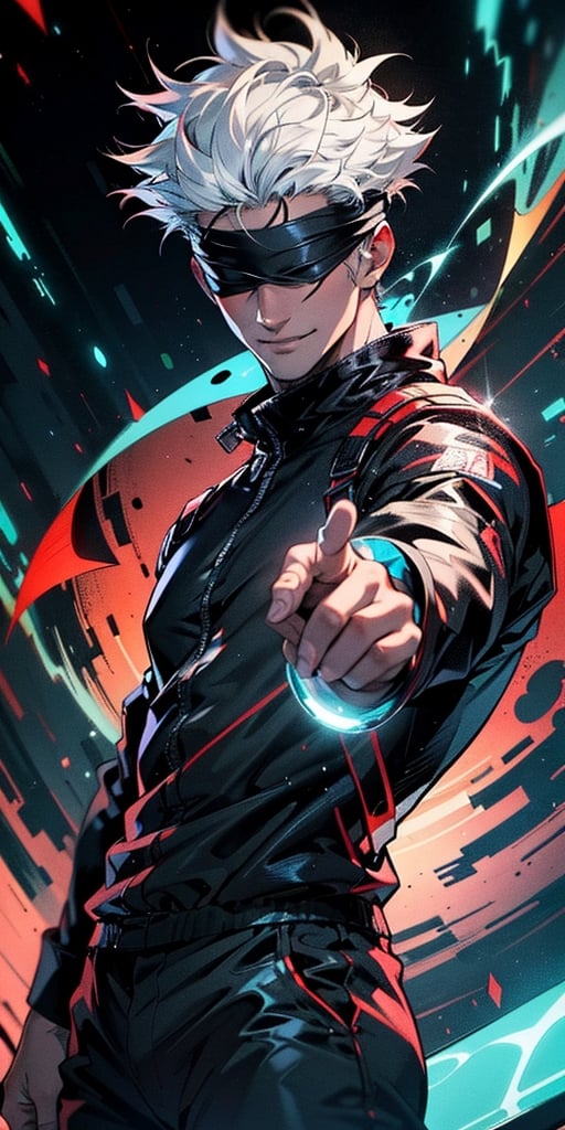 1boy, satoru gojo, blindfold, black outfit, white hair, battle pose (( red energy void in right hand,blue energy void in left hand)), smirk, red and blue moon background, wallpaper, cinematic,High resolution 8K, Bright light illumination, lens flare, sharpness, masterpiece, top-quality, The ultra -The high-definition, high resolution, extremely details CG, Anime style, Film Portrait Photography,masterpice,hyperdetail,Cursed energy,1 girl, body shot, perfect fingers