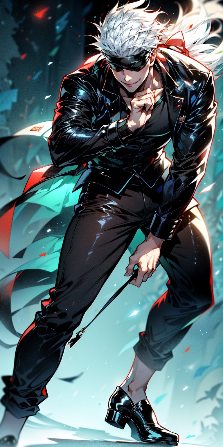 1boy, satoru gojo, blindfold, black outfit, white hair, battle_stance, full body, smirk, red and blue energy background, wallpaper, cinematic,Detailedface