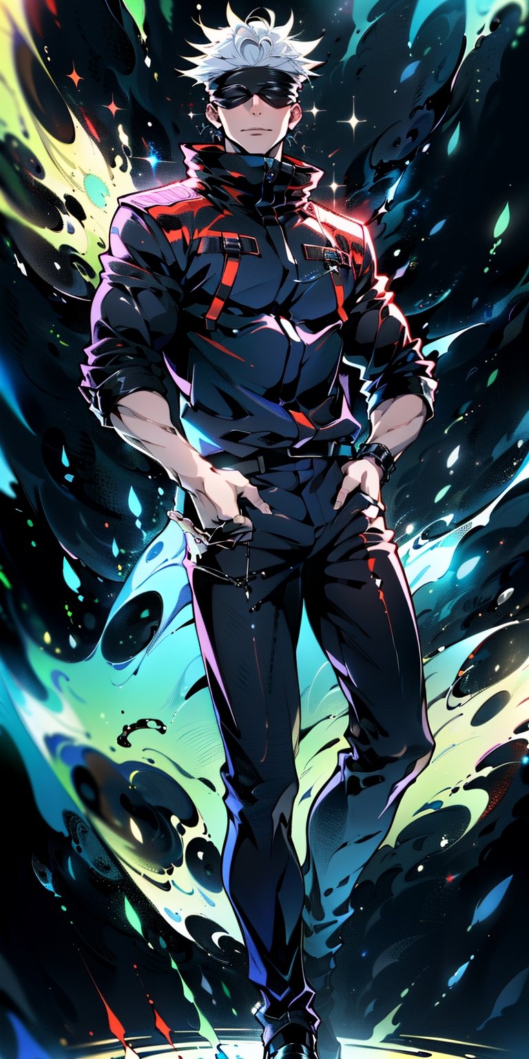 1boy, full body shot, satoru gojo, blindfold, black outfit, white hair, battle pose (( red energy void in right hand,blue energy void in left hand)), smirk, red and blue moon background, wallpaper, cinematic,High resolution 8K, Bright light illumination, lens flare, sharpness, masterpiece, top-quality, The ultra -The high-definition, high resolution, extremely details CG, Anime style, Film Portrait Photography,masterpice,hyperdetail,Cursed energy,1 girl