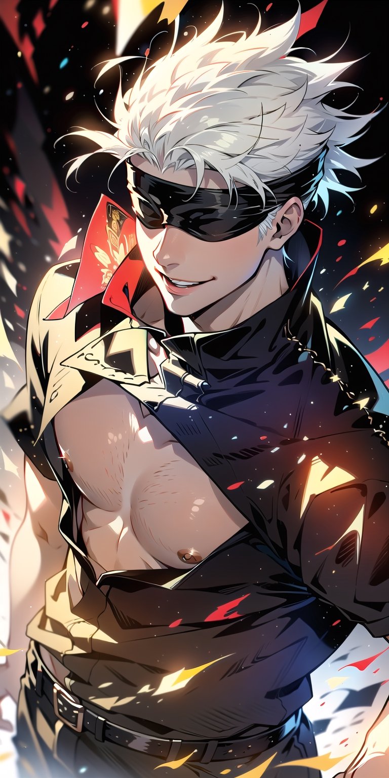 1boy, satoru gojo, blindfold, black outfit, white hair, battle_stance, smirk, red and blue energy background, wallpaper, cinematic,Detailedface