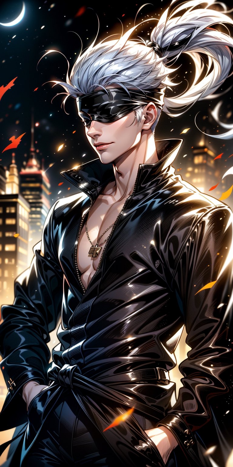 1boy,japanese, handsome, satoru gojo, blindfold, black outfit, white hair, battle pose, smirk, city night with full moon background, wallpaper, cinematic,High resolution 8K, Bright light illumination, lens flare, sharpness, masterpiece, top-quality, The ultra -The high-definition, high resolution, extremely details CG, Anime style, Film Portrait Photography,masterpice,hyperdetail,Cursed energy, body shot,Detailedface,photorealistic,Masterpiece,Extremely Realistic,