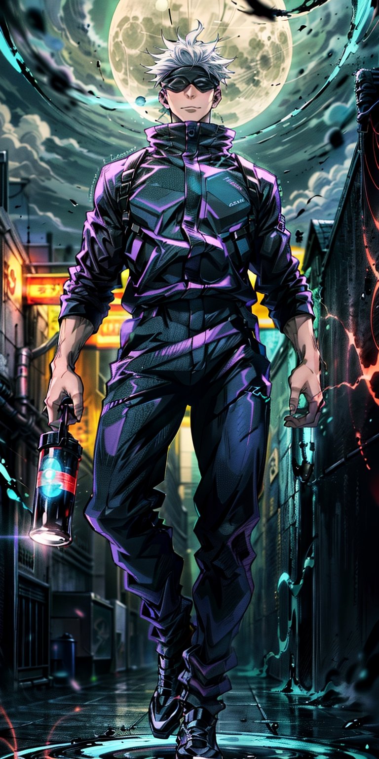 1boy, full body shot, perfect fingers, satoru gojo, blindfold, black outfit, white hair, use skill pose (( red energy void in right hand,blue energy void in left hand)), smirk, red and blue moon background, wallpaper, cinematic,High resolution 8K, Bright light illumination, lens flare, sharpness, masterpiece, top-quality, The ultra -The high-definition, high resolution, extremely details CG, Anime style, Film Portrait Photography,masterpice,hyperdetail,Cursed energy