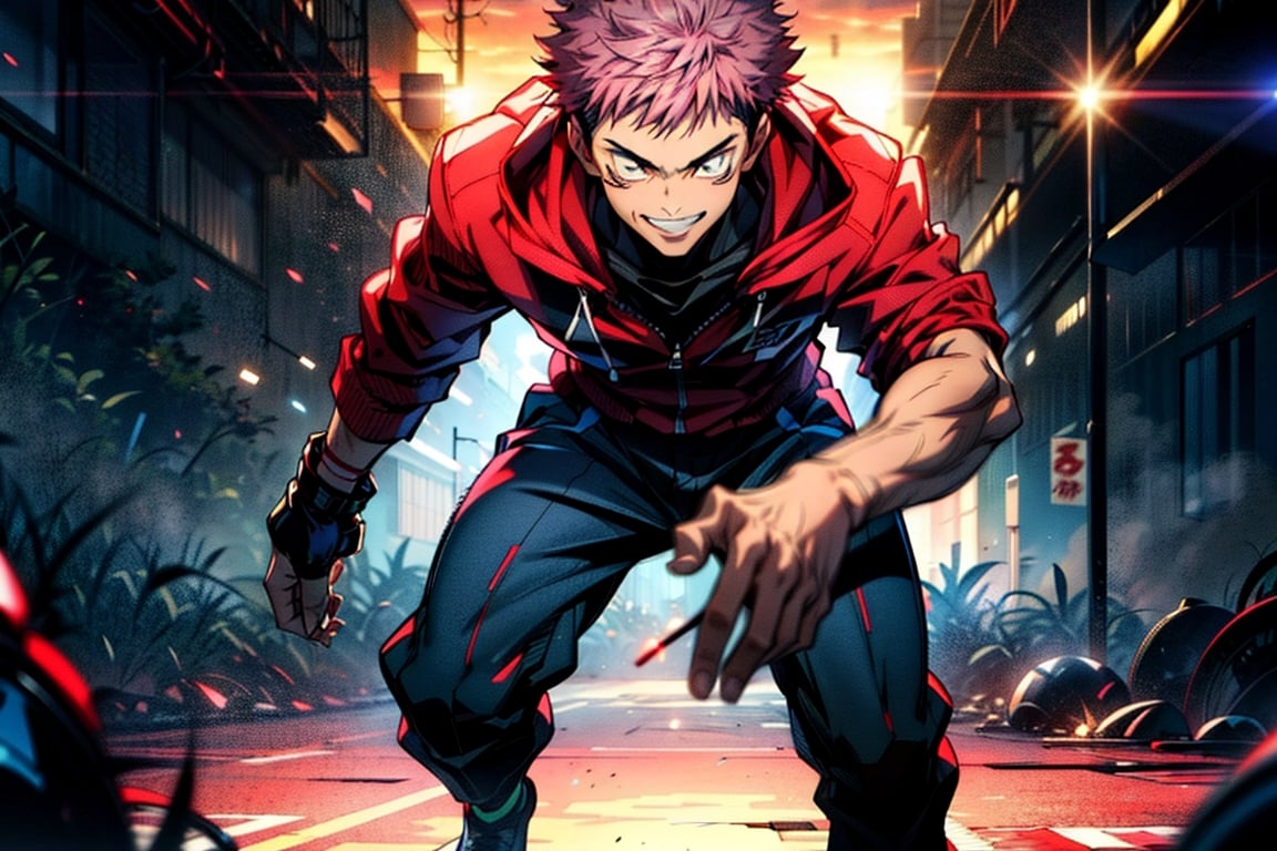 1boy, 173 cm, itadori yuuji, battle pose, black outfit, pink hair, battle pose, smile, red and dark background, wallpaper, cinematic,High resolution 8K, Bright light illumination, lens flare, sharpness, masterpiece, top-quality, The ultra -The high-definition, high resolution, extremely details CG, Anime style, Film Portrait Photography,masterpice,hyperdetail,Cursed energy,itadori_yuuji,full body shot