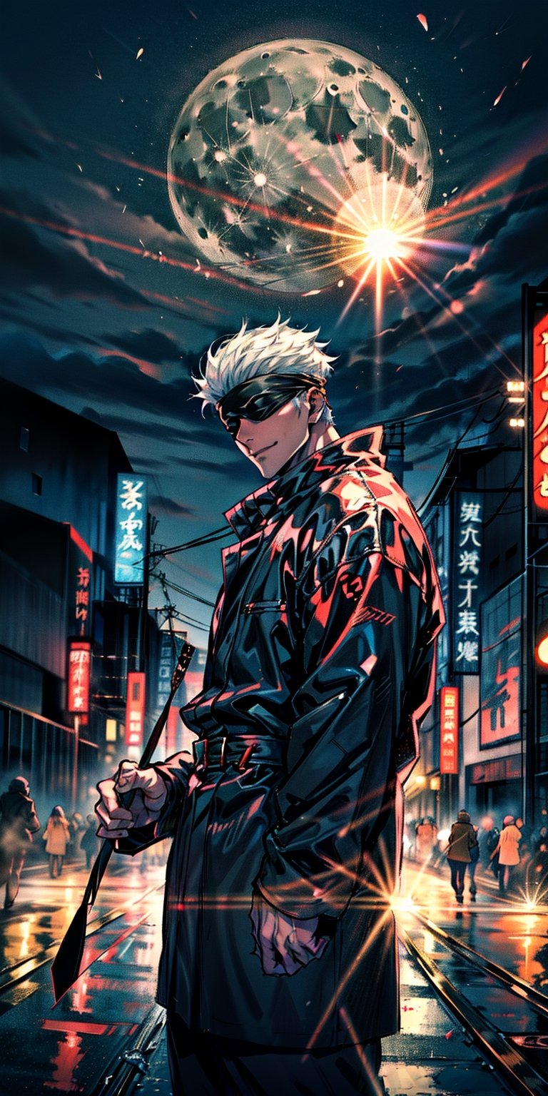 1boy,japanese, handsome, 28 years old, satoru gojo, blindfold, black outfit, white hair, battle pose, smirk, city night with full moon background, wallpaper, cinematic,High resolution 8K, Bright light illumination, lens flare, sharpness, masterpiece, top-quality, The ultra -The high-definition, high resolution, extremely details CG, Anime style, Film Portrait Photography,masterpice,hyperdetail,Cursed energy,