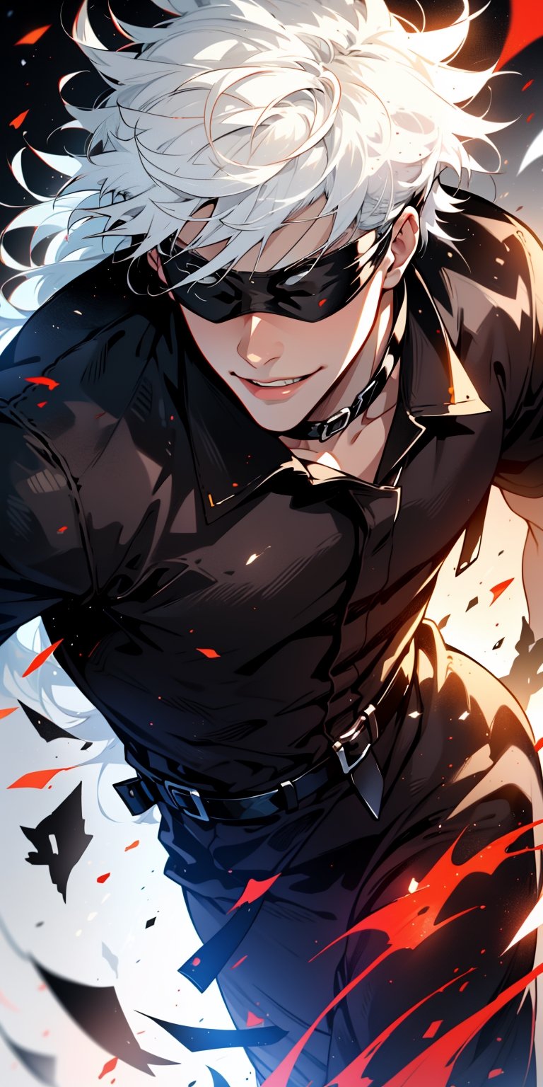 1boy, satoru gojo, blindfold, black outfit, white hair, battle_stance, smirk, red and blue energy background, wallpaper, cinematic,Detailedface