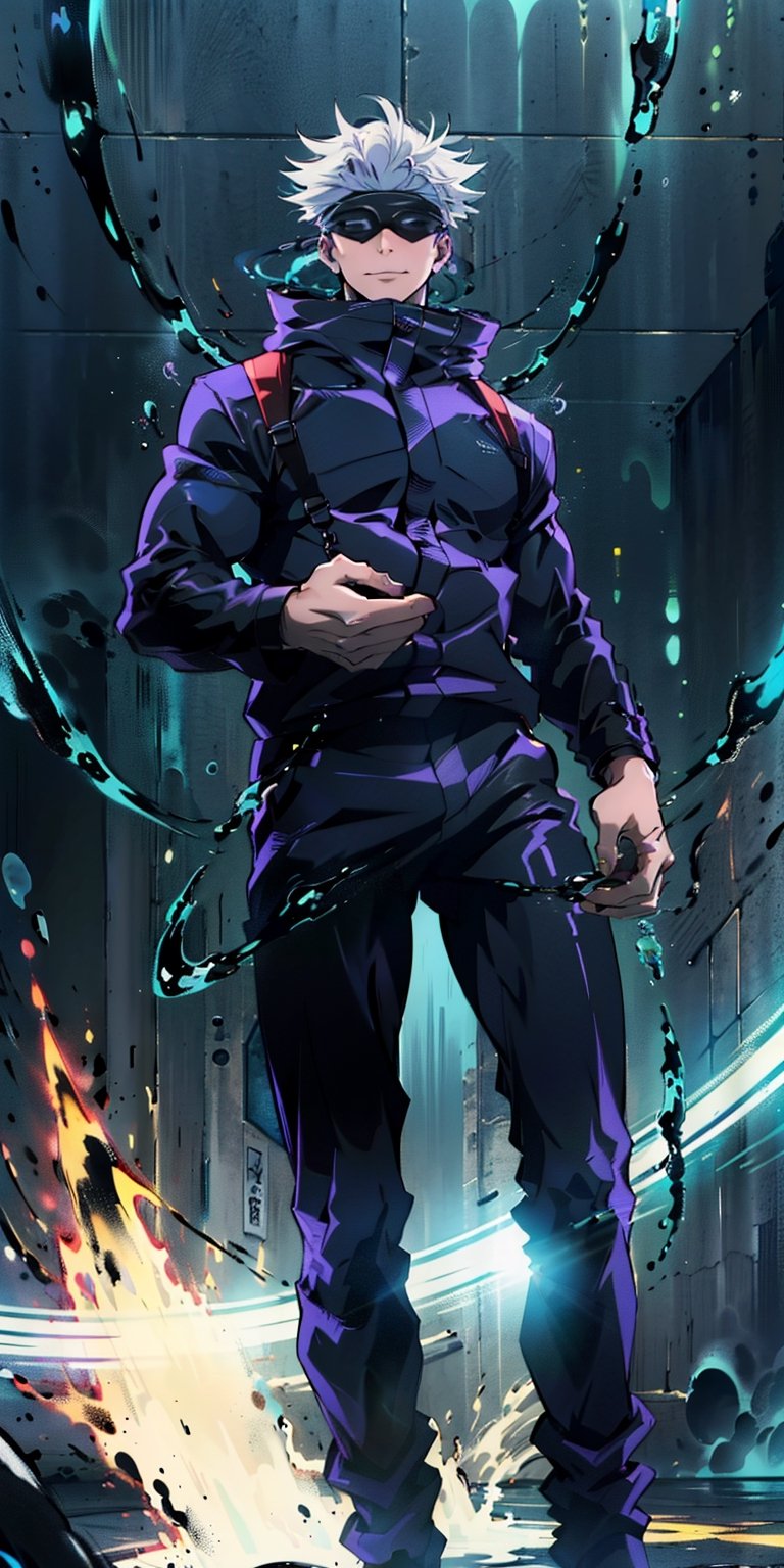 1boy, full body shot, perfect fingers, satoru gojo, blindfold, black outfit, white hair, use skill pose (( red energy void in right hand,blue energy void in left hand)), smirk, red and blue moon background, wallpaper, cinematic,High resolution 8K, Bright light illumination, lens flare, sharpness, masterpiece, top-quality, The ultra -The high-definition, high resolution, extremely details CG, Anime style, Film Portrait Photography,masterpice,hyperdetail,Cursed energy