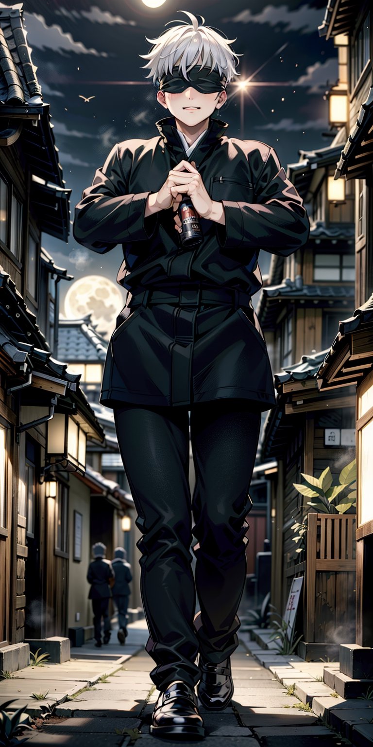 1boy, japanese, satoru gojo, blindfold, black outfit, white hair, battle pose, smirk, city night with full moon background, wallpaper, cinematic,High resolution 8K, Bright light illumination, lens flare, sharpness, masterpiece, top-quality, The ultra -The high-definition, high resolution, extremely details CG, Anime style, Film Portrait Photography,masterpice,hyperdetail,Cursed energy, body shot,Detailedface,photorealistic,Masterpiece,Extremely Realistic,leonardo