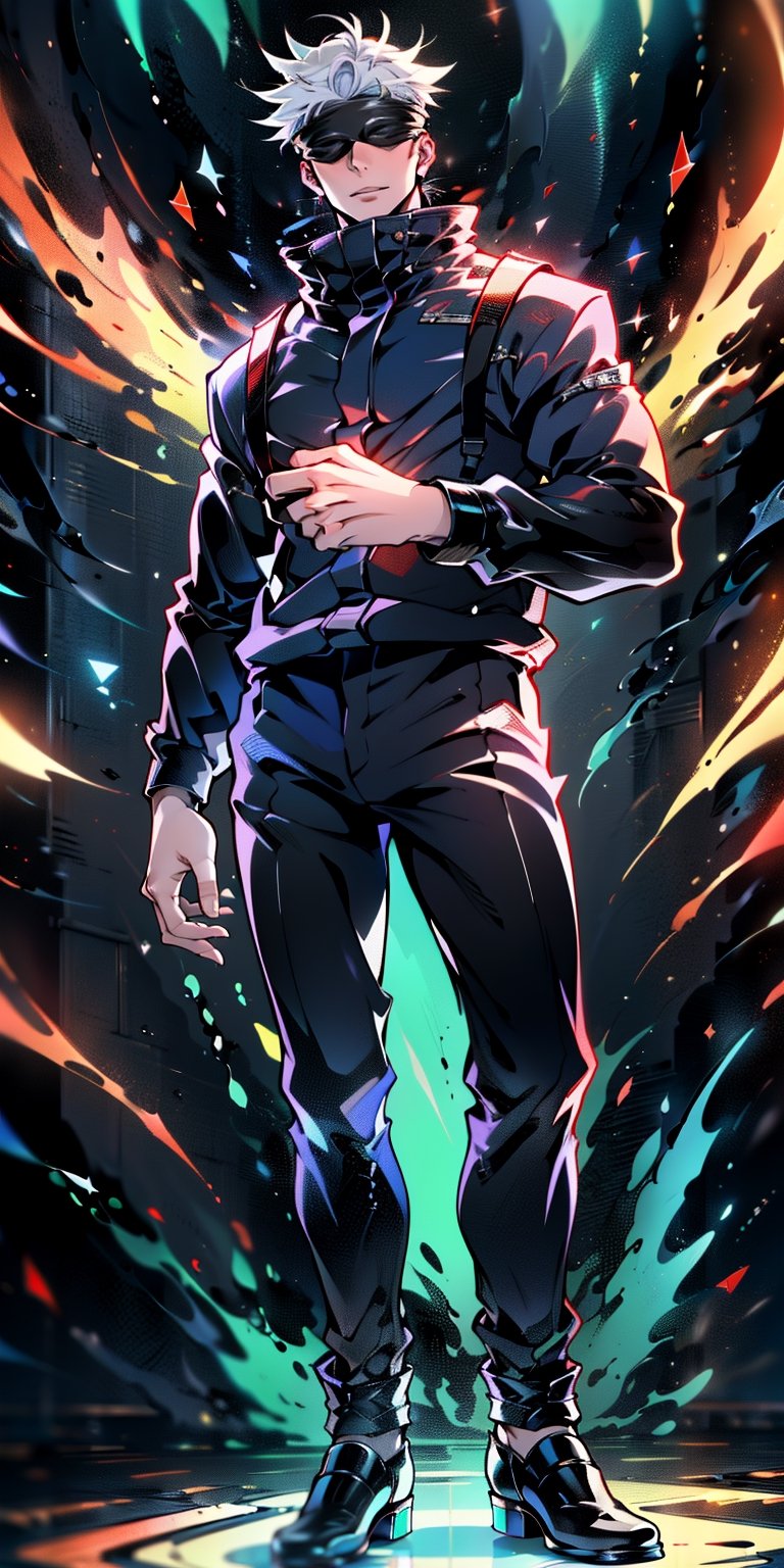 1boy, full body shot, perfect fingers, satoru gojo, blindfold, black outfit, white hair, use skill pose (( red energy void in right hand,blue energy void in left hand)), smirk, red and blue moon background, wallpaper, cinematic,High resolution 8K, Bright light illumination, lens flare, sharpness, masterpiece, top-quality, The ultra -The high-definition, high resolution, extremely details CG, Anime style, Film Portrait Photography,masterpice,hyperdetail,Cursed energy,1 girl