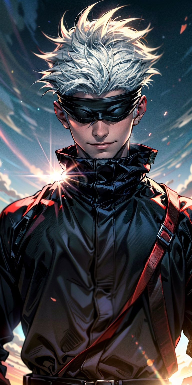 1boy, satoru gojo, blindfold, black outfit, white hair, battle pose, smirk, red and blue moon background, wallpaper, cinematic,High resolution 8K, Bright light illumination, lens flare, sharpness, masterpiece, top-quality, The ultra -The high-definition, high resolution, extremely details CG, Anime style, Film Portrait Photography,masterpice,hyperdetail,Cursed energy,1 girl, body shot,perfect,hand,fingers