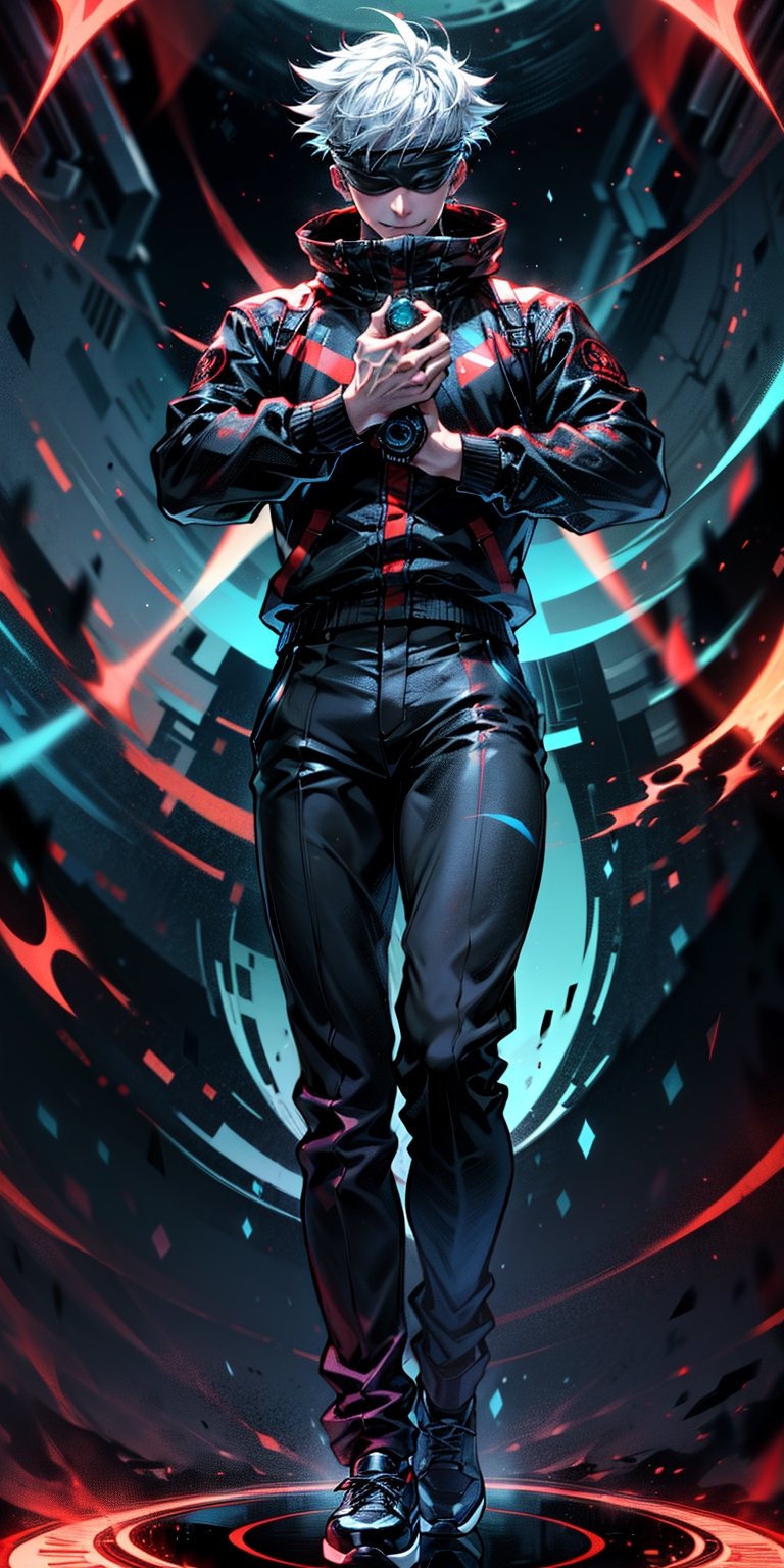 1boy, satoru gojo, blindfold, black outfit, white hair, battle pose (( red energy void in right hand,blue energy void in left hand)), smirk, red and blue moon background, wallpaper, cinematic,High resolution 8K, Bright light illumination, lens flare, sharpness, masterpiece, top-quality, The ultra -The high-definition, high resolution, extremely details CG, Anime style, Film Portrait Photography,masterpice,hyperdetail,Cursed energy,1 girl, body shot