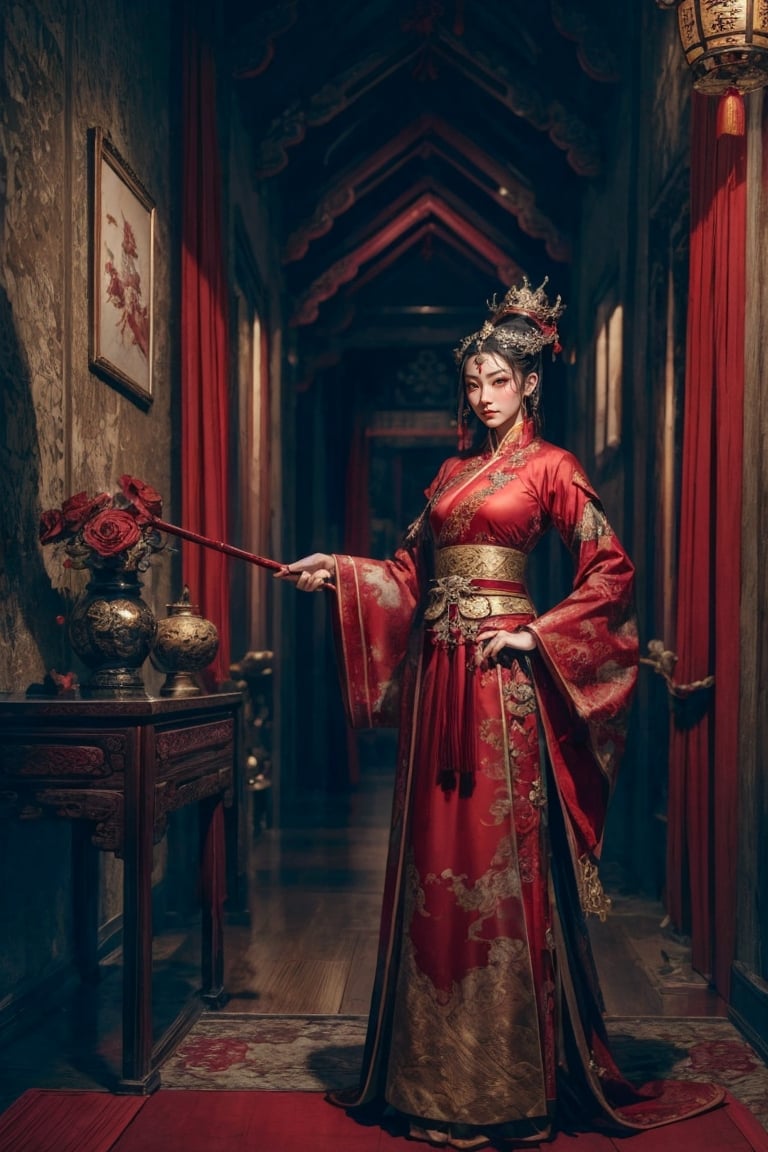 Dark Gothic lighting, background blur, and full-body shots of characters standing in majestic postures truly recreate the fantasy Chinese queen, wearing the most gorgeous wedding Hanfu made of red silk, intricately embroidered with gold and silver threads. Engraved with gold medallions and tassels. Paintings by Yoshitaka Amano, Huang Guangjian and Zhong Fenghua, stunning interpretive vision, Chinese style grandeur, colorful, lifelike eyes, dreamlike magical atmosphere, (film grain), (warm tones, warm tones), film lighting , side light, weapon