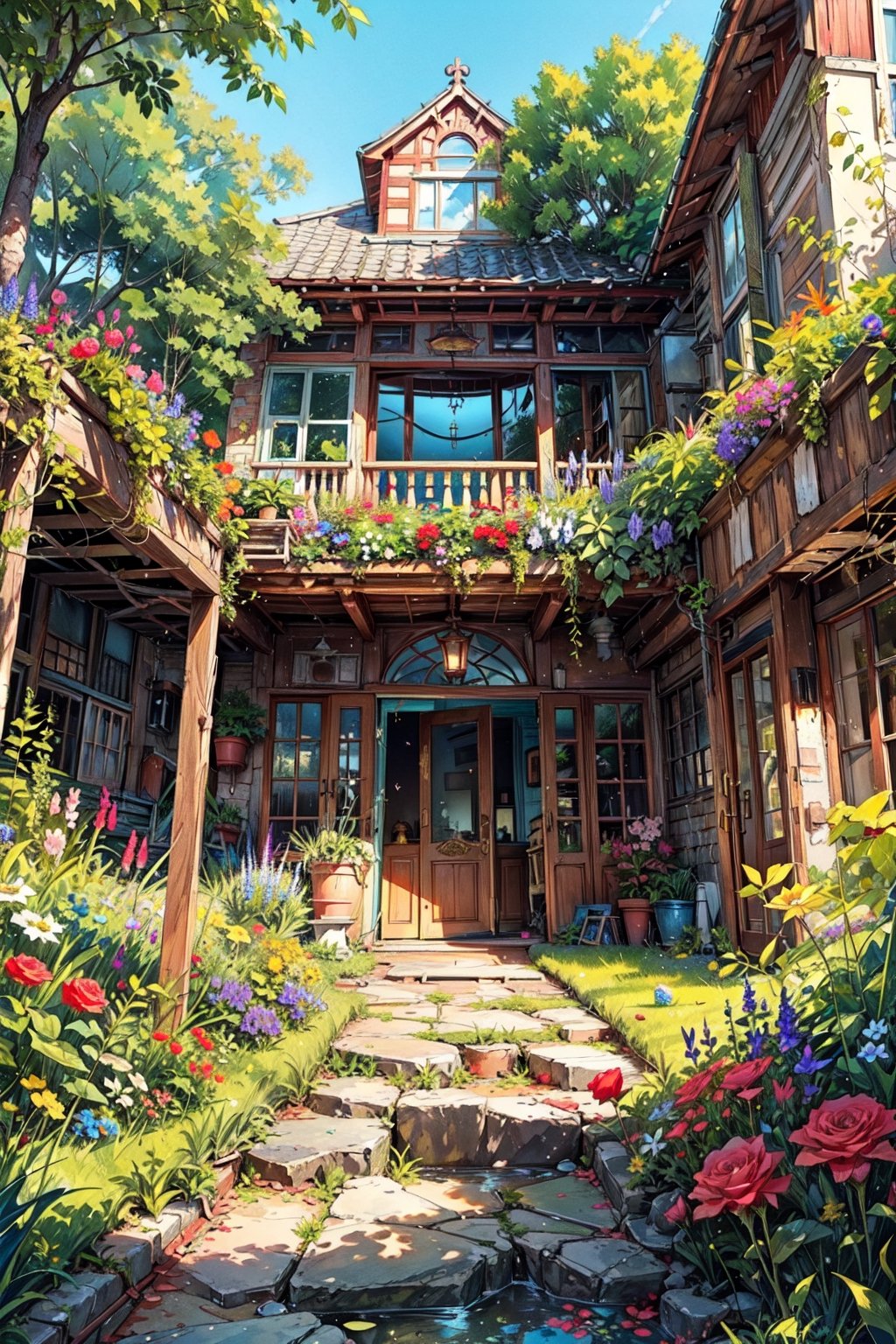 Masterpiece, this is a scene, the scene is in an abandoned and deserted glass house, the house is full of rosebuds, the house furniture is made of gold and precious stones, very rich, full of hope and emotion, the atmosphere is more layered, as if in a fantasy world, the flowers and plants live freely