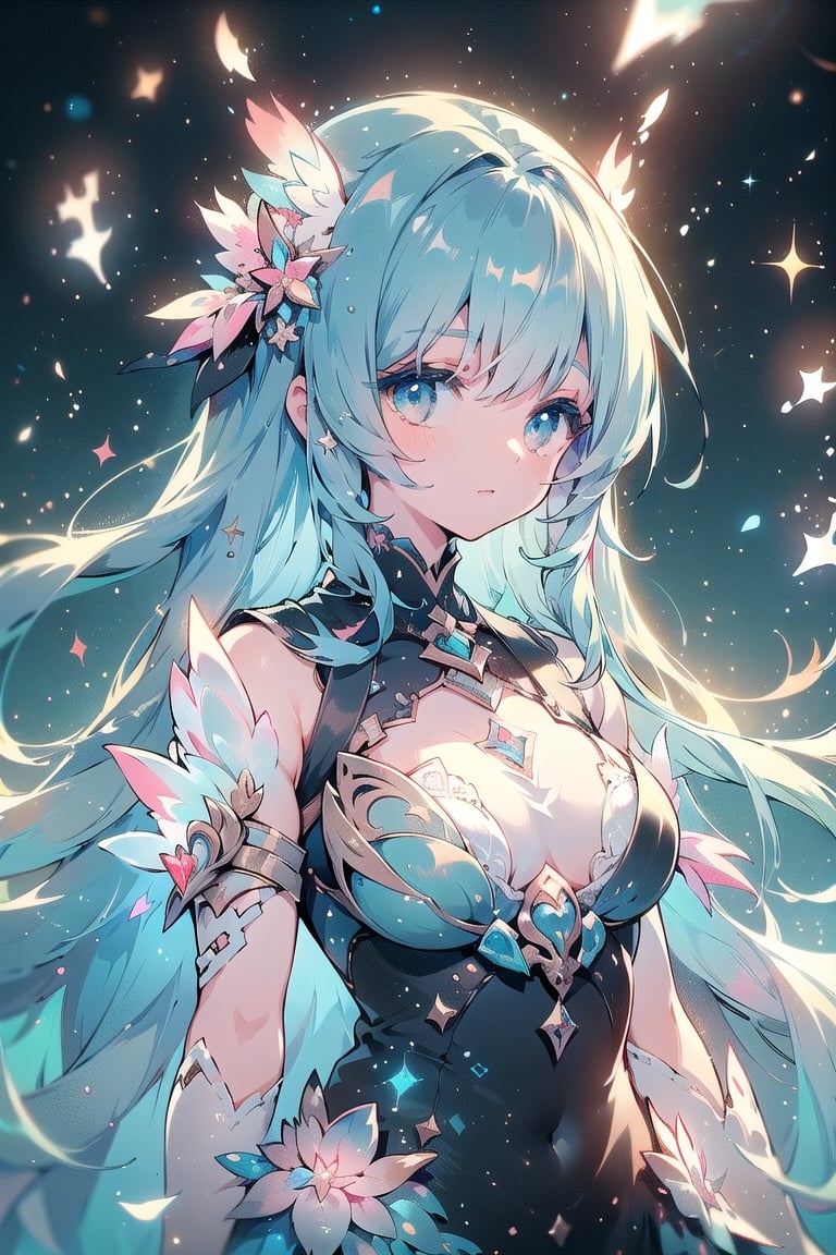 a girl with cosmic background, light blue hair, futuristic, airy, sphere dress, very cute, planets, constellations, lightweight