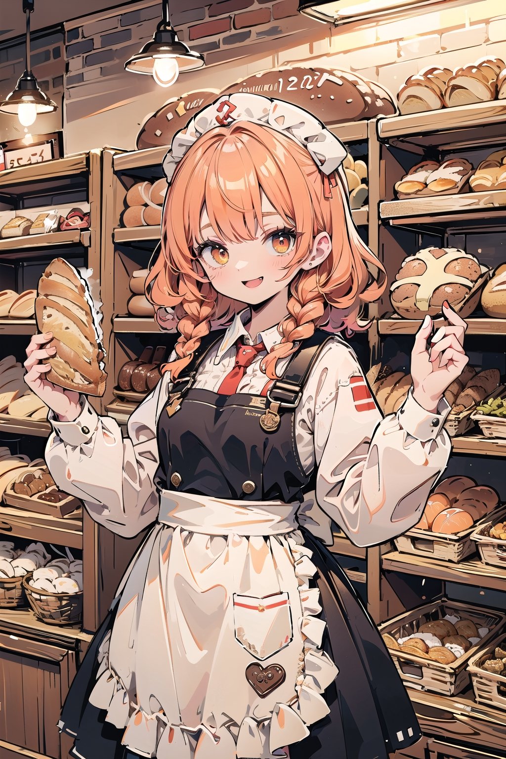 This is an unexpected drawing. The protagonist is a girl. He is the owner of a bakery. He is putting freshly baked bread on the shelves. He looks cute, has orange hair, and wears a country-style apron. The girl is smiling and the bread looks delicious