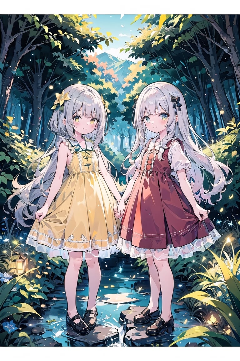 2 girls, silver hair, one in front of the other, kindergarten, one yellow dress, one red dress, very cute, in the forest