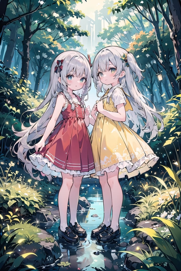 2 girls, silver hair, one in front of the other, kindergarten, one yellow dress, one red dress, very cute, in the forest