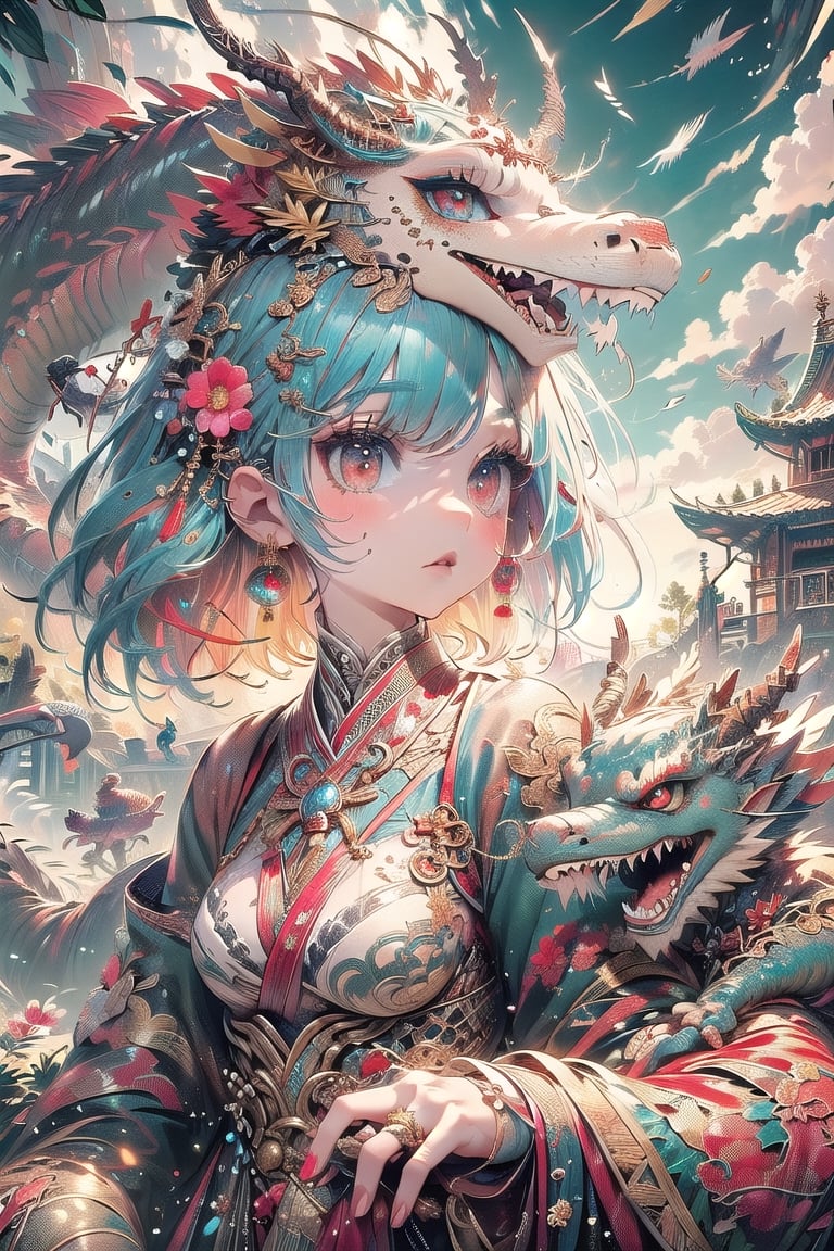 Unexpected character design, a dragon girl with dragon horns on her head, wearing shiny clothes with scales, a Chinese dragon beside her, misty background with clouds, Chinese palace architecture