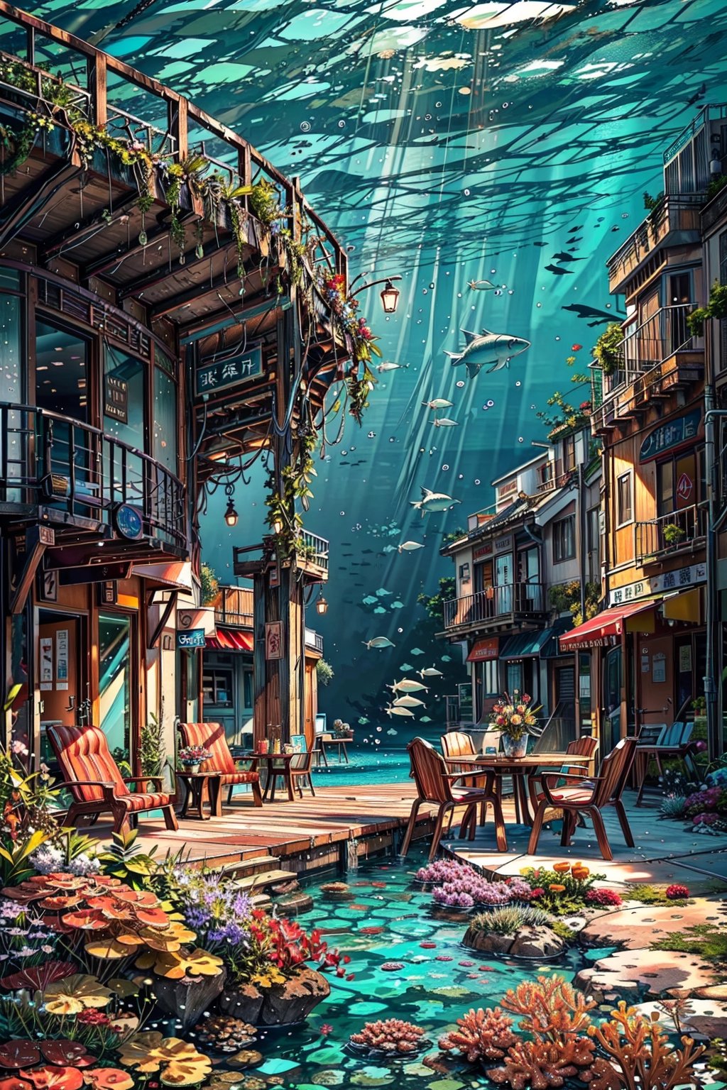 This is a scene, a masterpiece, a perfect performance. This is a hotel under the sea. There are several bunk beds on the sea floor, giving full play to the elements of the hotel. Dining tables, dining chairs, pearls, corals and gems are dotted with underwater towns. It is very layered, with details hidden everywhere. Jellyfish, schools of fish, and aquatic creatures swim freely in elegant life. Many corals and sea anemones are like gardens in the water. It is an impressive picture.
