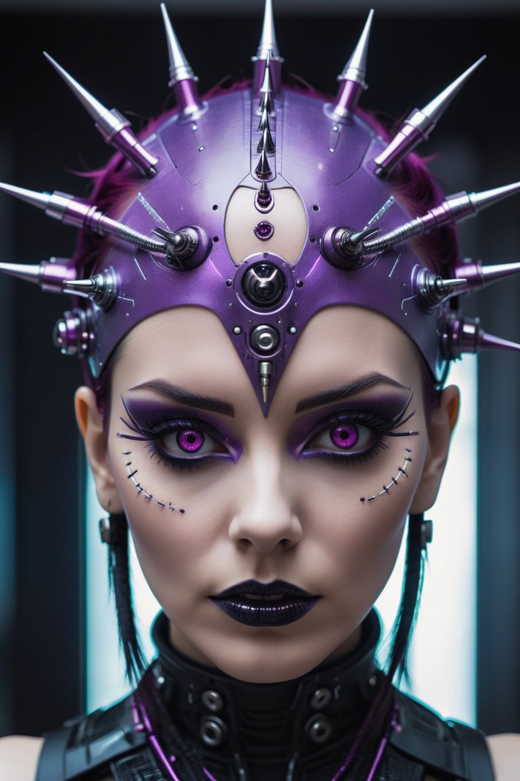 a close up of a woman with spikes on her head, intricate cyberpunk make - up, portrait of a cyborg queen, cyberpunk makeup, gothic and futuristic, hyper - goth, cyberpunk medusa, dark purple hair and cybernetics, futuristic look, integrated synthetic android, fashionable futuristic woman, symmetry! futuristic robotic, hyper-realistic cyberpunk style