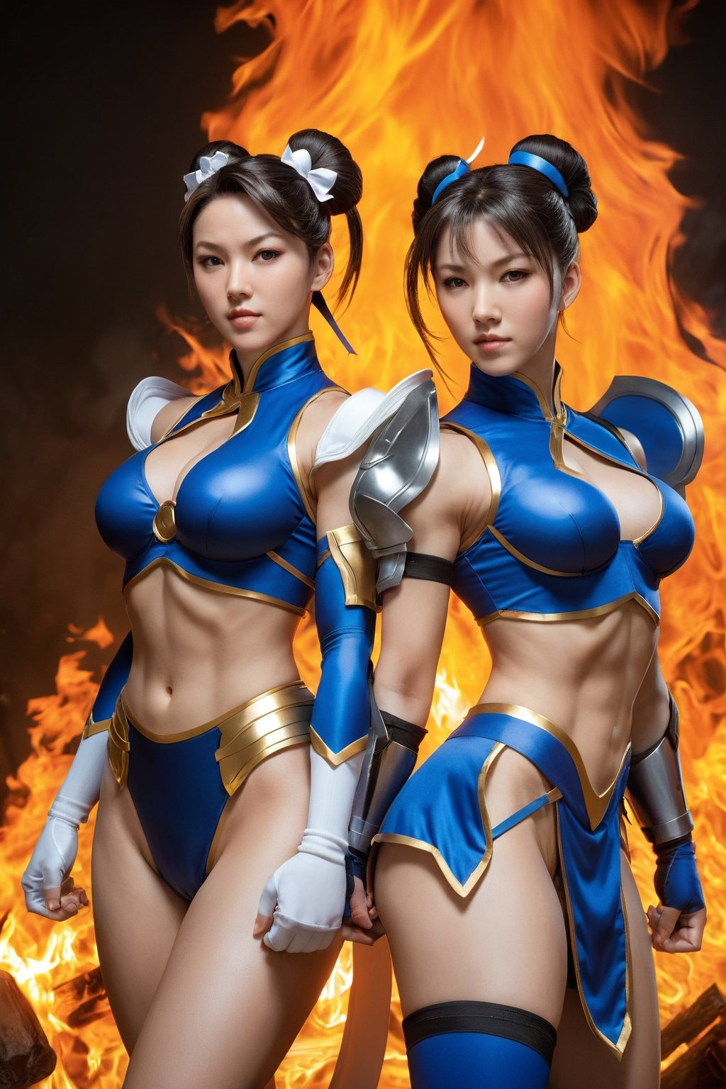 two women in costumes standing next to each other in front of a fire, chun-li, chun - li, chun li, artgerm and ruan jia, ruan jia and artgerm, portrait of chun - li, artgerm and atey ghailan, portrait of chun li, range murata and artgerm, wlop and artgerm