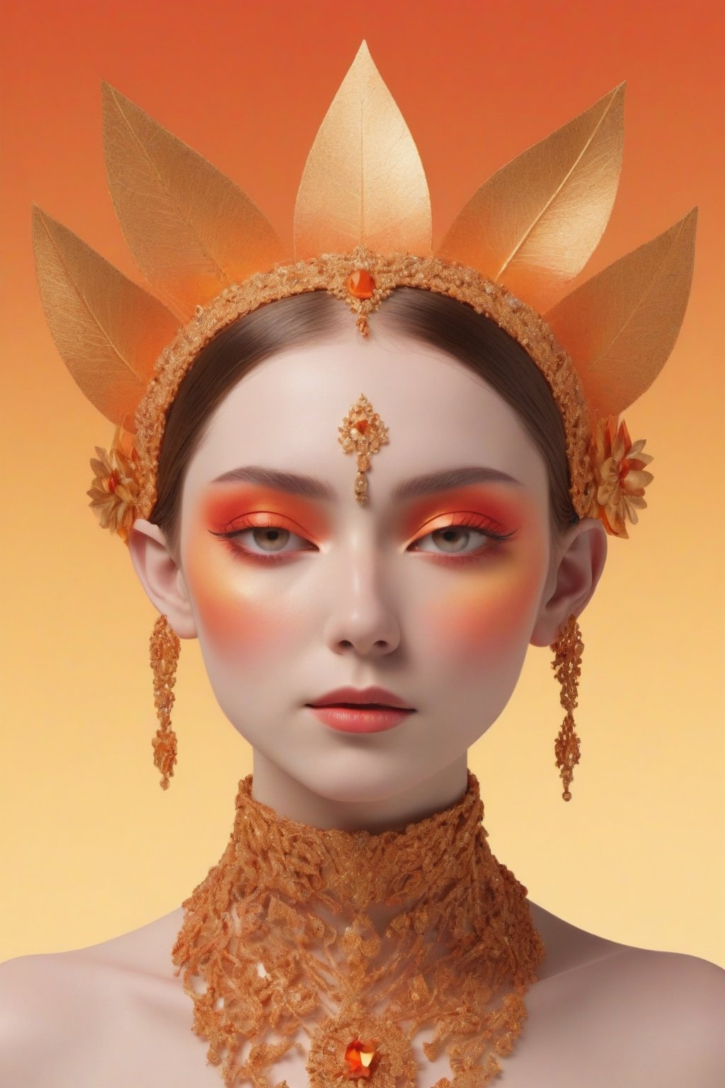 A 3D rendering of a woman's face. She is wearing an elaborate golden headpiece and has red and orange makeup on her face. Her eyes are closed and she has a serene expression on her face. The background is a gradient of orange and yellow.

