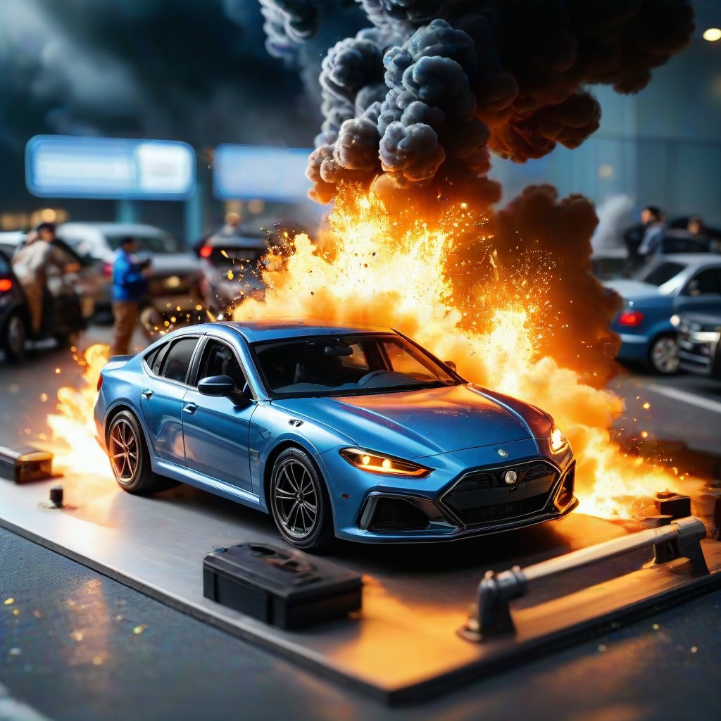 miniature scene, exaggerated scale, cars mid-explosion, customs officers frozen in action attempting to intervene, vibrant flames engulfing vehicles, smoke plumes rising, background blur of airport terminal, deep focus, dramatic lighting, glossy finish, highly detailed exploding cars, dynamic shadows, cinematic.