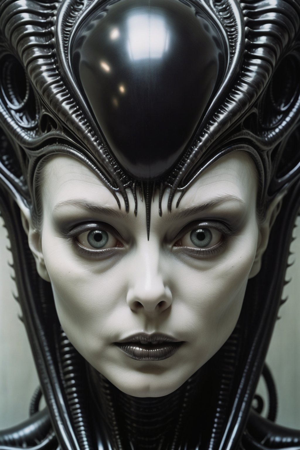 4k art photo, a close up of a person with a weird face, alien woman, female alien, a hyper-detailed alien, hg giger flora borsi, style of giger, alien portrait, subtle giger, portrait of a humanoid alien, giger inspired, alien art, inspired by Giger, psytrance and giger, in style of giger, Poster of Shuji Terayama, Suehiro Maruo's poignant style, weird style, slightly uneasy
