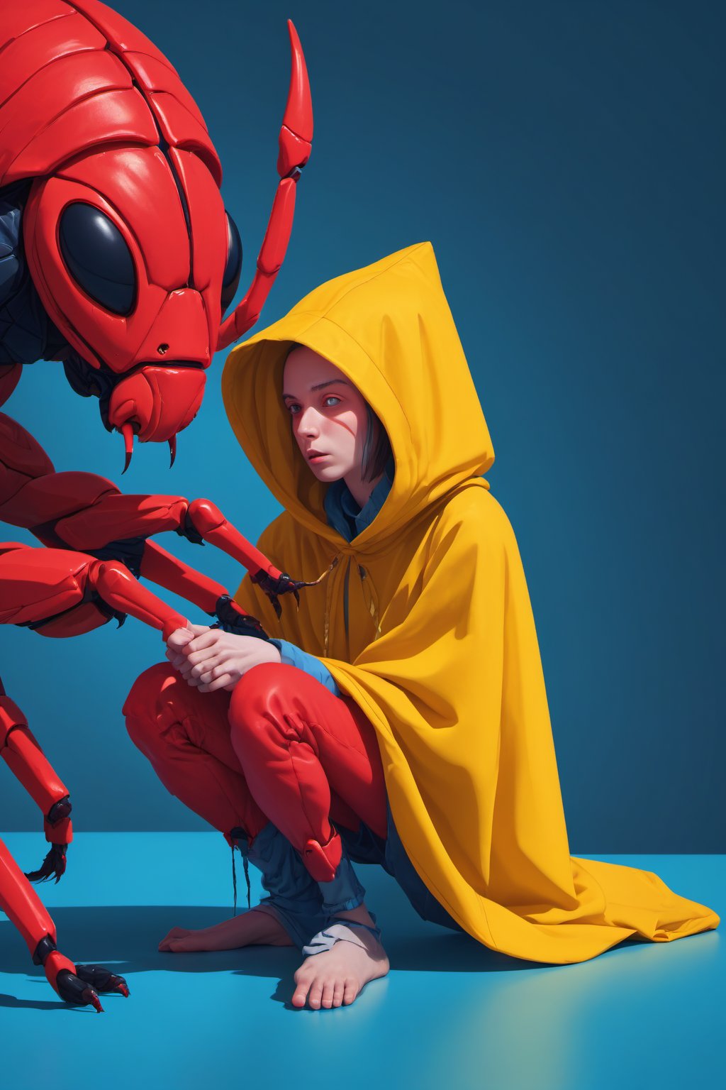 A person with a pensive expression, wrapped in a yellow hooded cloak, gently cradles a bright red, humanoid insect-like creature against a solid blue background.