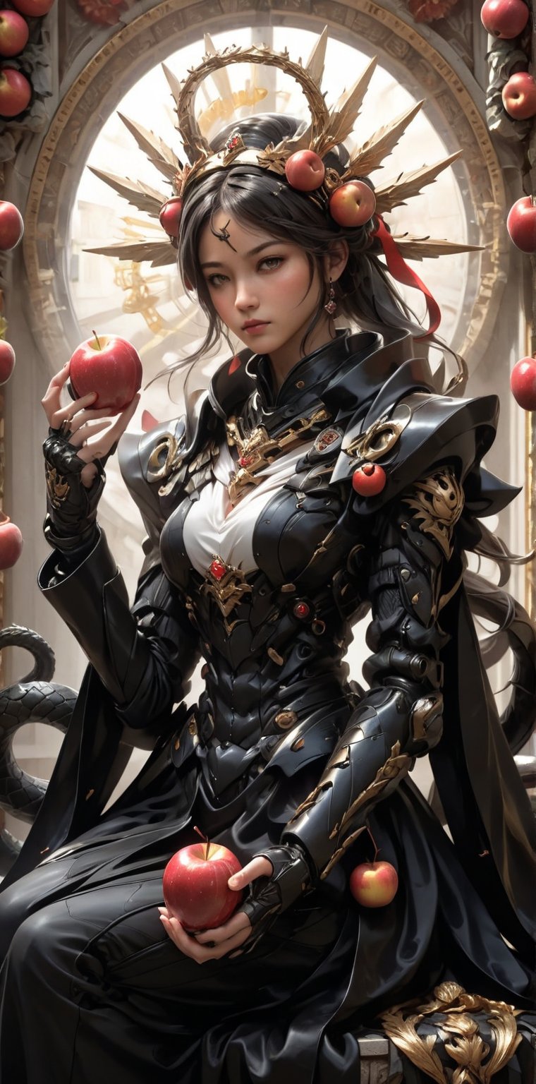 A person with a neutral expression, dressed in a black shiny coat and a light-colored headband, is sitting while holding two red apples. A large serpent is draped around their shoulders and arm. They are seated in front of an ornate, spiky background resembling a sunburst or crown, giving a dramatic and artistic feel to the image. The setting includes earthy tones and rustic textures. The word DEADDDREAMER is displayed at the bottom of the image.