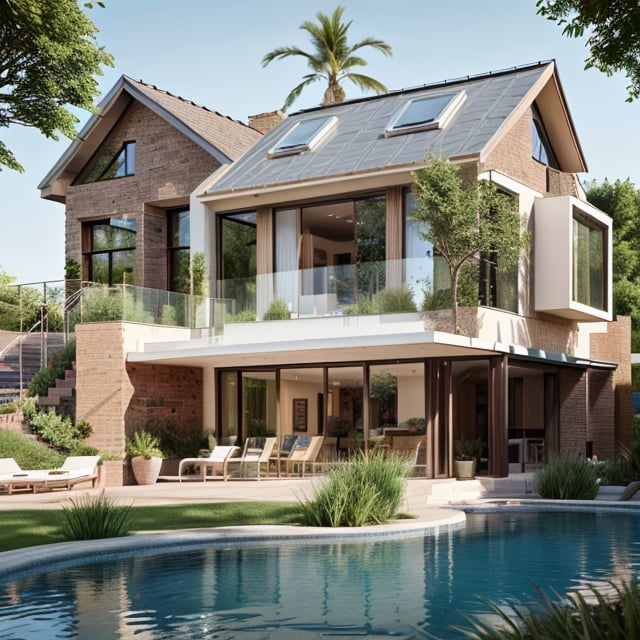 Modern style, house building, interior furniture, exterior house, contemporary style, (clay brick) wall, granite floor, glass window, (realistic:1.2), Masterpiece, high quality, best quality, finish white paint , garden trees, water pool, grass base, (lighting interior:1.2), daylight blue sky, UHD 8K, brickhouse, Enhance,