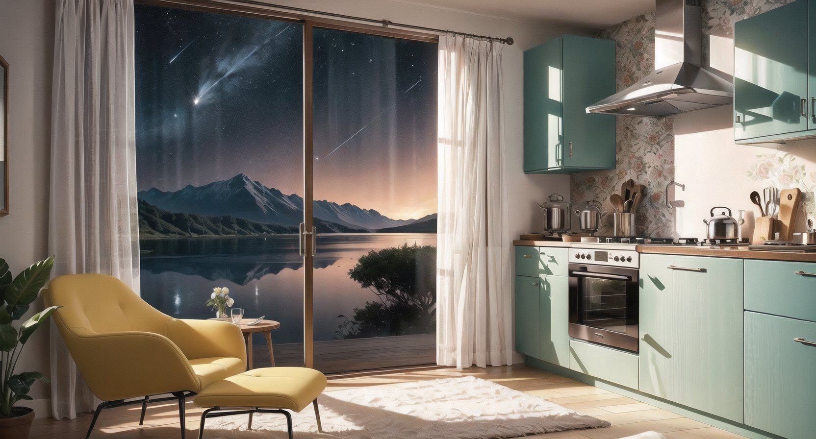 In a cozy living room, (aliens), (otherworldly:1.4), bathed in warm light from a chandelier, a (beautiful), (lake) can be seen through the (large window), its (mountain)s silhouetted against the (night sky). A (star) twinkles brightly above. The room is (50s), (60s), (mid-century modern) in style, with (pastel colors), (floral) patterns on the (wallpaper) and (curtains). A (vintage) (kitchen) is visible through an (open doorway), complete with (retro appliances) and (colorful dishes).