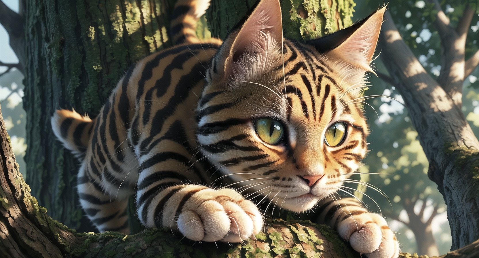 A close-up shot of a curious cat's face, its whiskers twitching with excitement as it claws its way up a sturdy tree trunk. The sunlight casts dappled shadows on the bark, highlighting the cat's agile paws and tail as it navigates the vertical ascent.