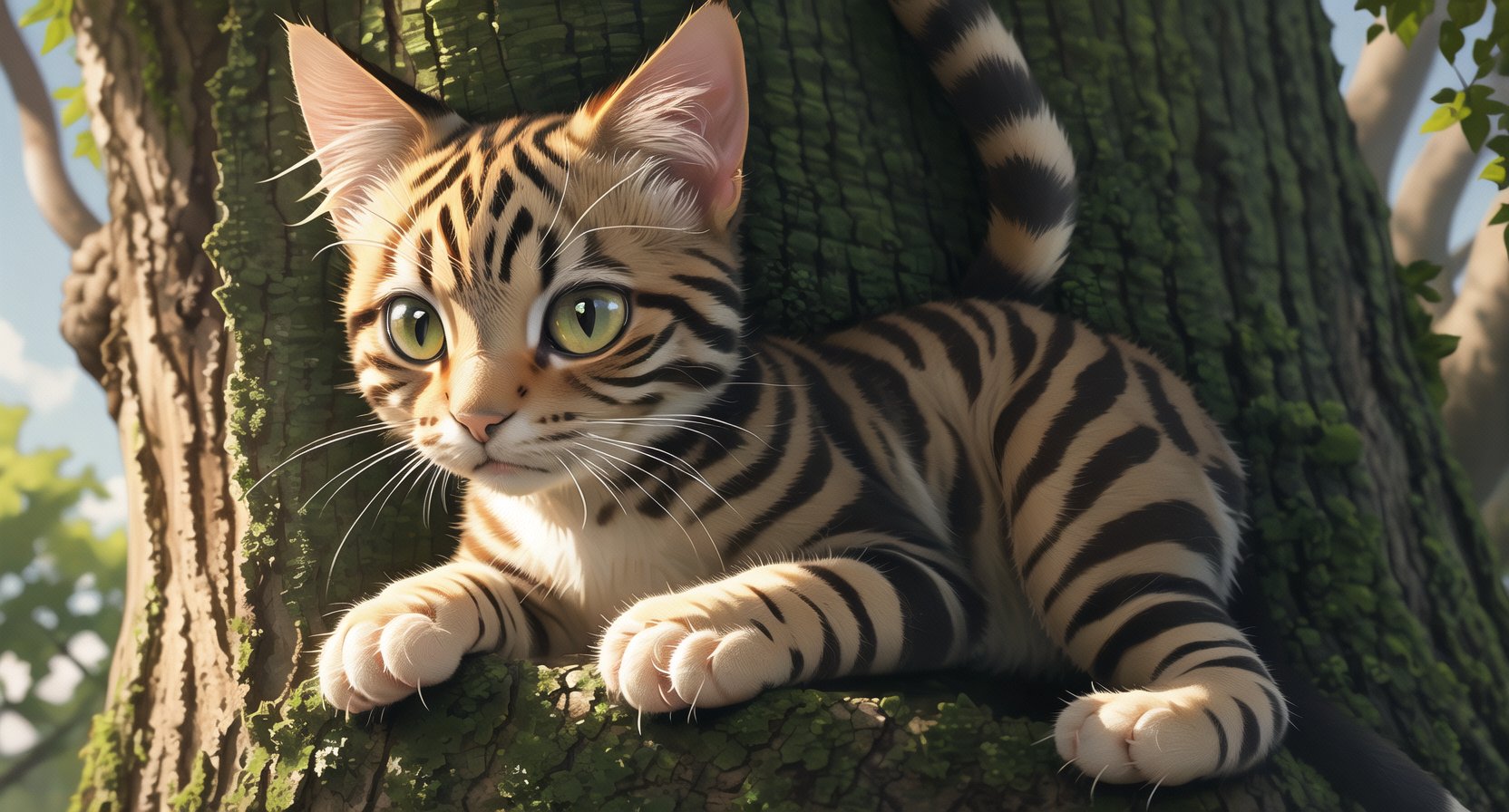 A close-up shot of a curious cat's face, its whiskers twitching with excitement as it claws its way up a sturdy tree trunk. The sunlight casts dappled shadows on the bark, highlighting the cat's agile paws and tail as it navigates the vertical ascent.