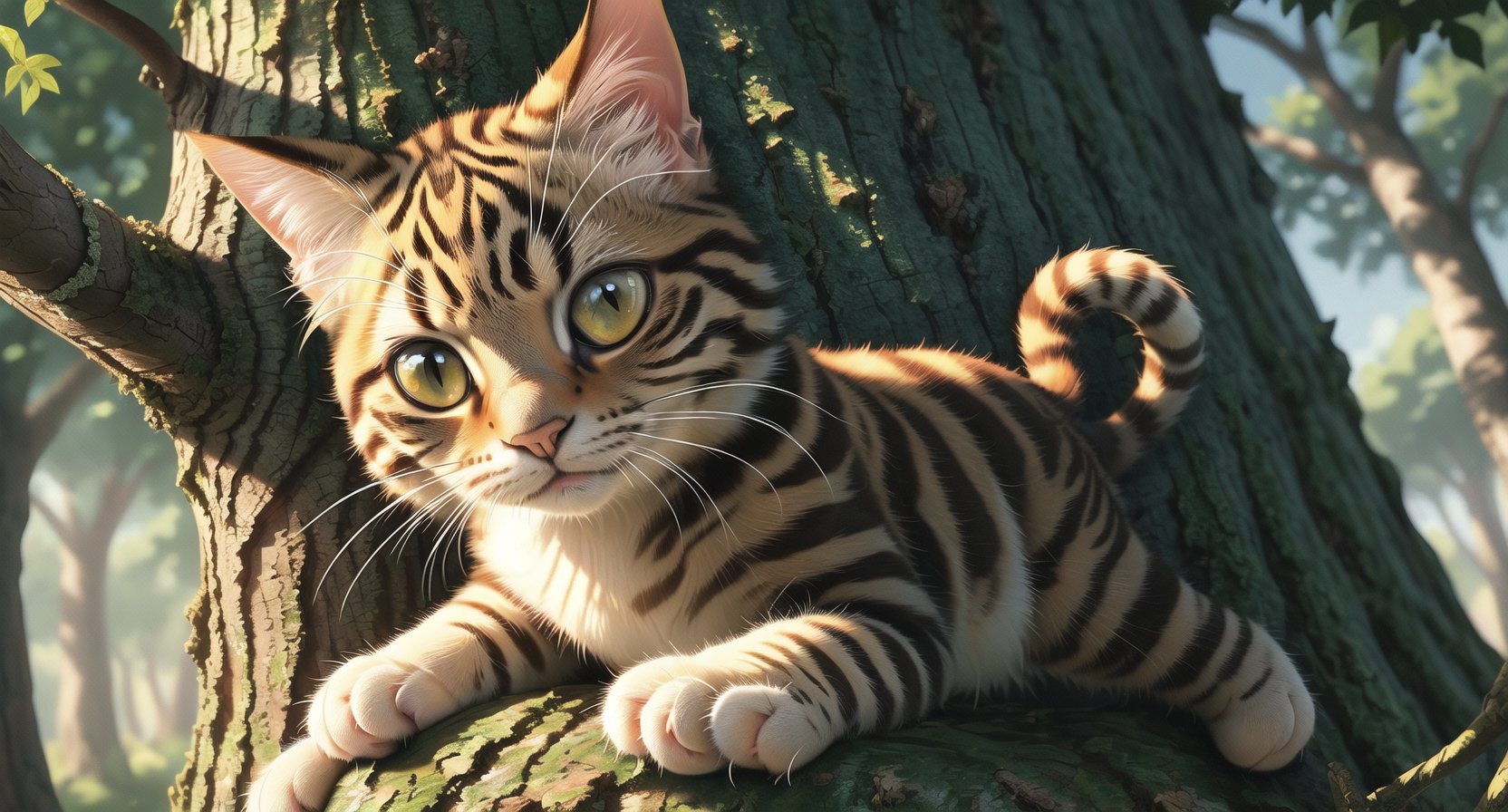 A close-up shot of a curious cat's face, its whiskers twitching with excitement as it claws its way up a sturdy tree trunk. The sunlight casts dappled shadows on the bark, highlighting the cat's agile paws and tail as it navigates the vertical ascent.