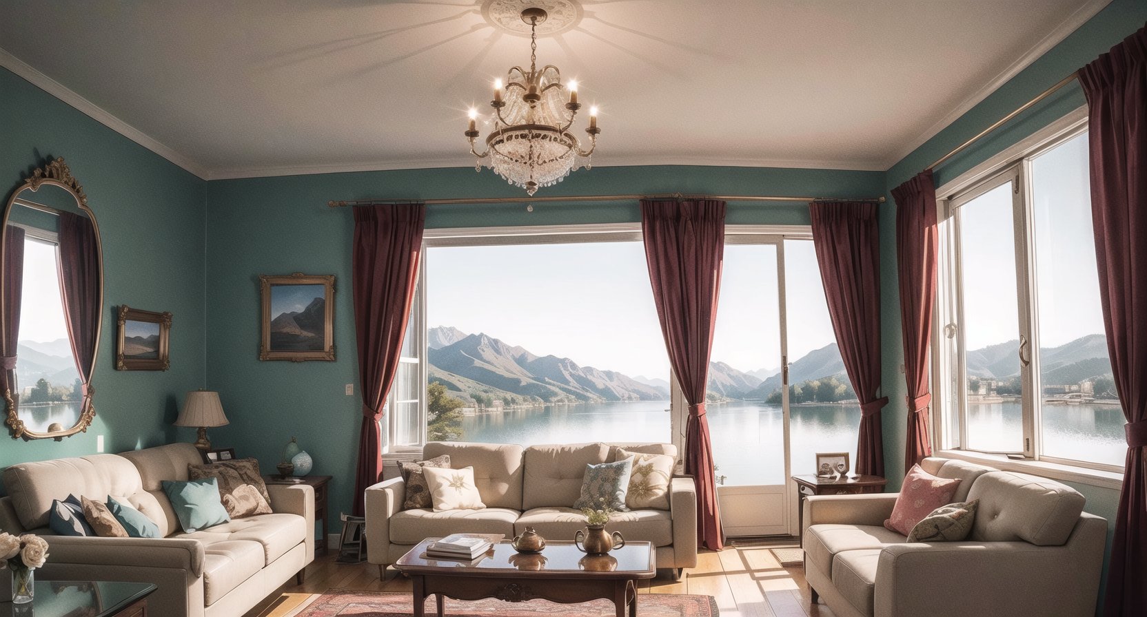 In a cozy living room, (aliens), (otherworldly:1.4), bathed in warm light from a chandelier, a (beautiful), (lake) can be seen through the (large window), its (mountain)s silhouetted against the (night sky). A (star) twinkles brightly above. The room is (50s), (60s), (mid-century modern) in style, with (pastel colors), (floral) patterns on the (wallpaper) and (curtains). A (vintage) (kitchen) is visible through an (open doorway), complete with (retro appliances) and (colorful dishes).