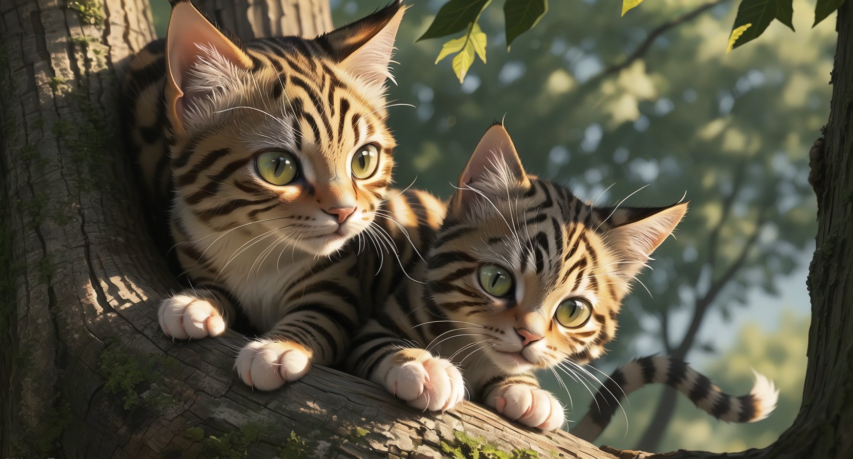 A close-up shot of a curious cat's face, its whiskers twitching with excitement as it claws its way up a sturdy tree trunk. The sunlight casts dappled shadows on the bark, highlighting the cat's agile paws and tail as it navigates the vertical ascent.