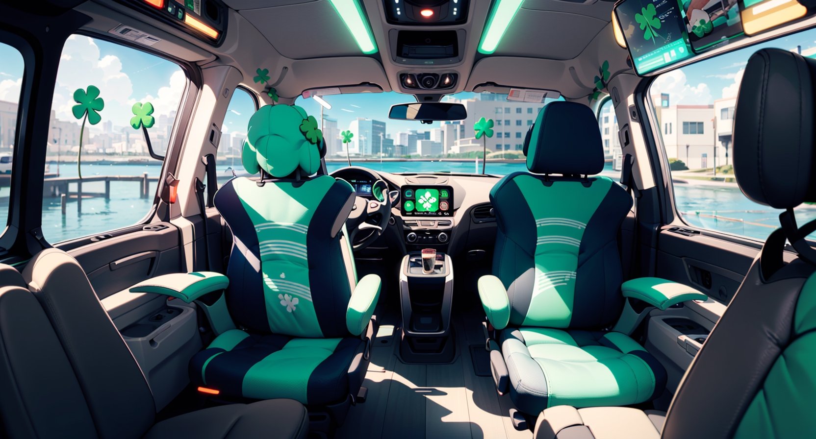 The INSIDE CAMPER VAN, three point perspective, ((St. Patrick's Day celebration:1.4)), CYBERPUNK, PANEL, KOMPUTER, SCREN, WINDOW WITH BEUTIFUL UNDERWATER VIEW, FUTURISTIK, NEON, FOOD AND DRINK, BOOK, AESTETIC, no human, COMFY, THEMES BACK TO THE FUTURE