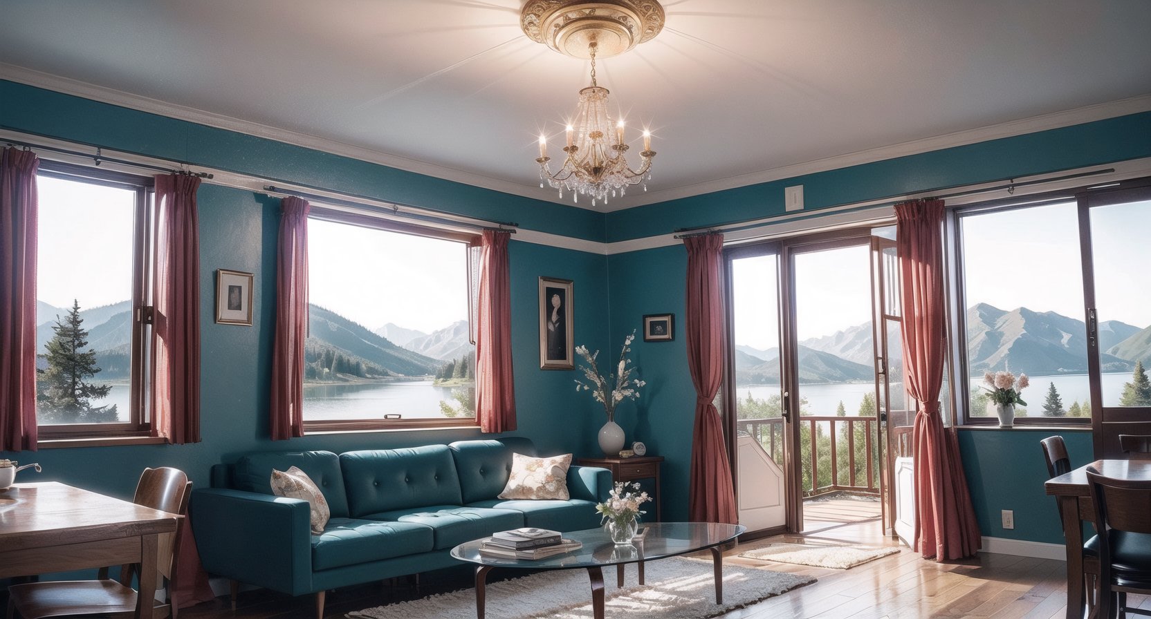 In a cozy living room, (aliens), (otherworldly:1.4), bathed in warm light from a chandelier, a (beautiful), (lake) can be seen through the (large window), its (mountain)s silhouetted against the (night sky). A (star) twinkles brightly above. The room is (50s), (60s), (mid-century modern) in style, with (pastel colors), (floral) patterns on the (wallpaper) and (curtains). A (vintage) (kitchen) is visible through an (open doorway), complete with (retro appliances) and (colorful dishes).