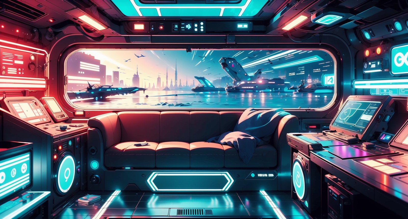 The INSIDE CAMPER VAN, three point perspective, CYBERPUNK, PANEL, KOMPUTER, SCREN, WINDOW WITH BEUTIFUL UNDERWATER VIEW, FUTURISTIK, NEON, FOOD AND DRINK, BOOK, AESTETIC, no human, COMFY, THEMES BACK TO THE FUTURE,Futuristic room