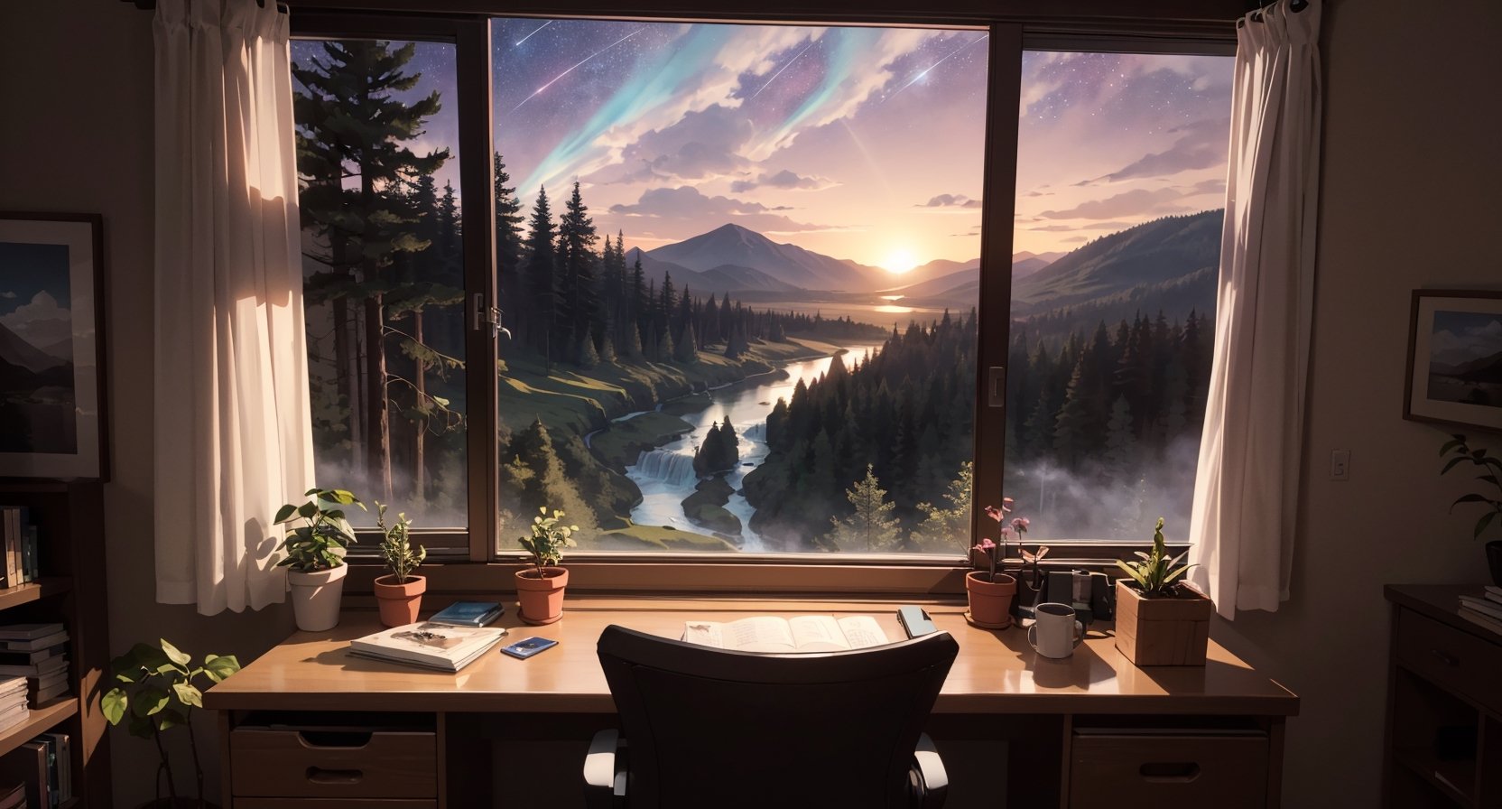 (view from inside office),As the sun sets, the sky above the valley turns into a canvas of twilight hues. The stars begin to twinkle, casting a warm glow over the landscape. The cabin, nestled among the trees, is illuminated by the soft light spilling from its windows. The waterfall continues to flow, its roar muffled by the surrounding forest. The entire scene is bathed in a serene, ethereal glow.