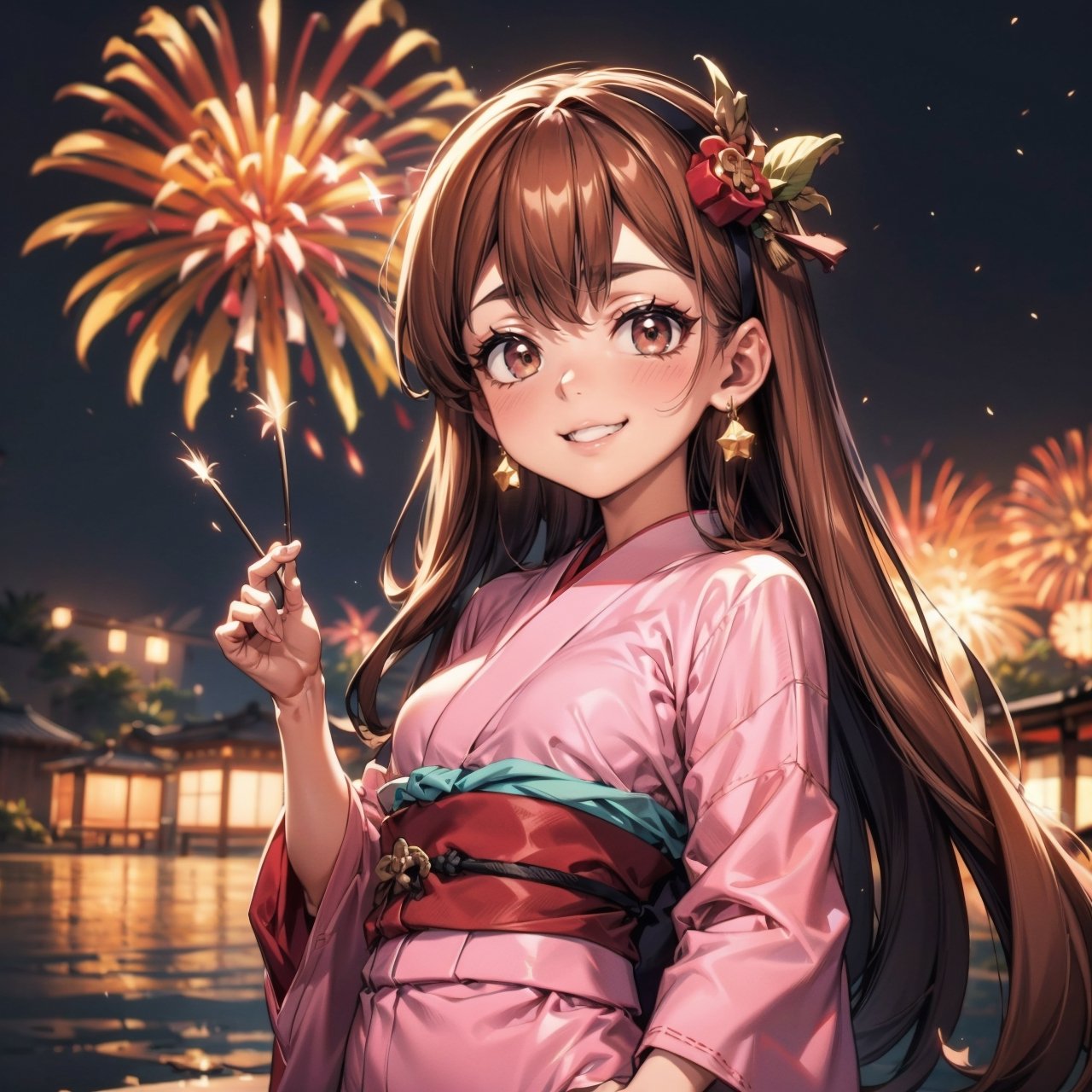 raidenshogundef,fantasy00d,yofukashi background,Mabel Pines,Mabel, mabel celebrating happy new year, Fireworks,kleedef, Mabel Pines, mabel with long hair, smiling, Mabel has brown hair, Mabel has a bullet in her head, Brown hair, Brown eyes, pink cheeks, diadem pink, mabel alone, body up to the hip, yukata, more tender, yukata with brown color, star earrings, headband that matches the yukata, 