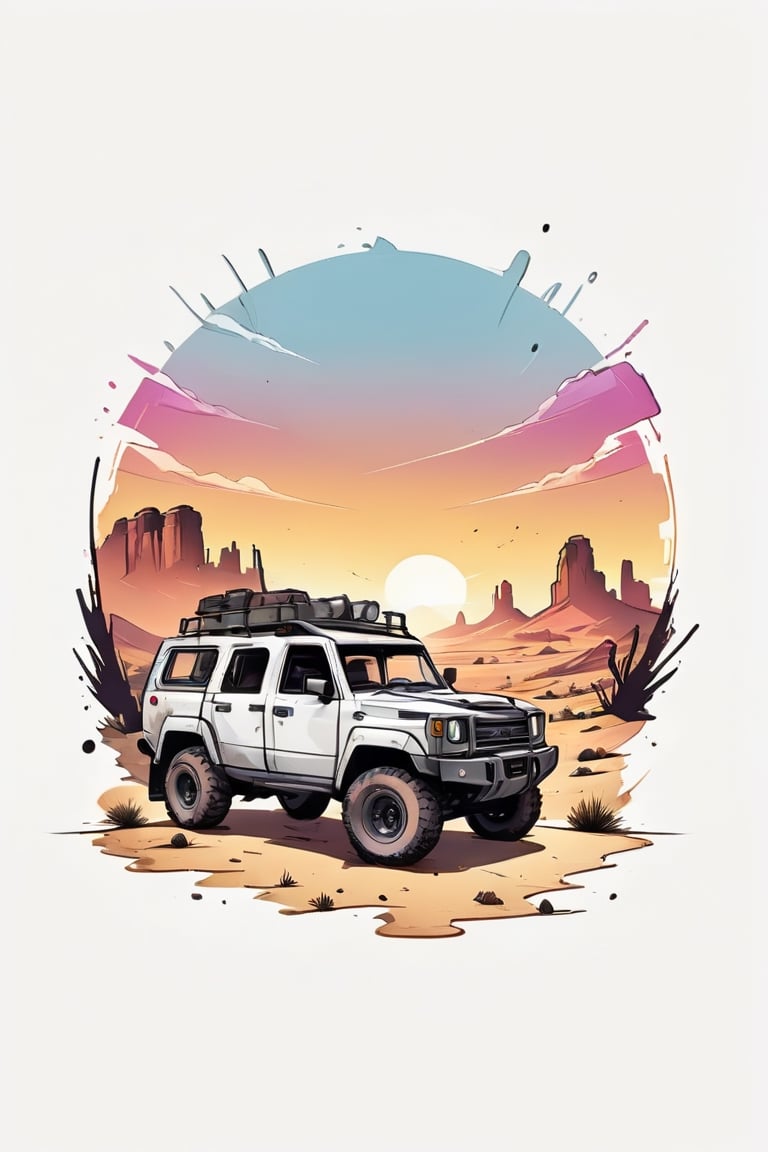 Centered image,  bits of color,  hand drawn,  realistic sketch,  Rough sketch,  bold lines,  splash art,  Artwork of T-shirt design,  white background,  offroad vehicle,  desert,  sunrise,  flat illustration,  high contrast,  vibrant vector,  vector image,  8k,,,logo