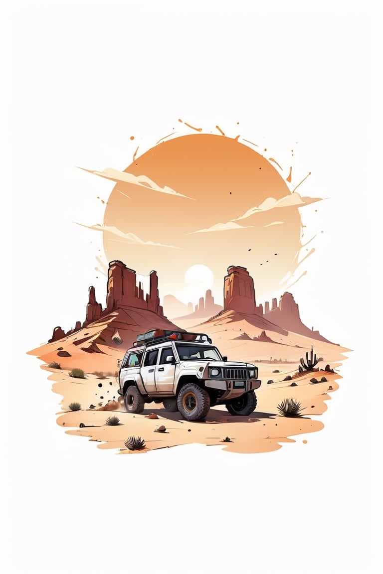 Centered image,  bits of color,  hand drawn,  realistic sketch,  Rough sketch,  bold lines,  splash art,  Artwork of T-shirt design,  white background,  offroad vehicle,  desert,  sunrise,  flat illustration,  high contrast,  vibrant vector,  vector image,  8k,,,logo