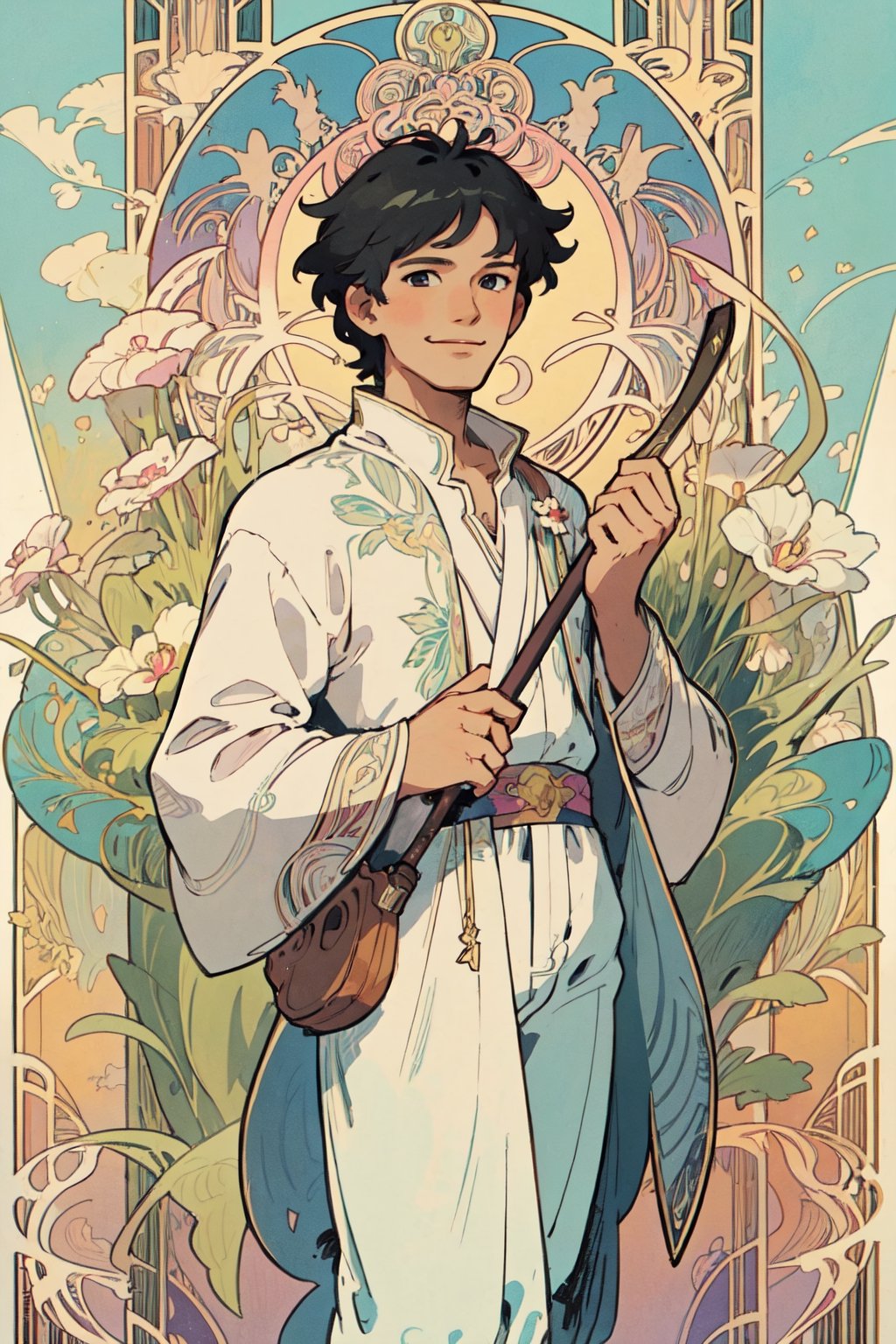 (masterpiece, best quality, highly detailed, ultra-detailed, intricate), illustration, pastel colors, art_nouveau, Art Nouveau by Alphonse Mucha, tarot, A young man, carrying a small bag and a cane in his hand, is smiling, A cute puppy 
 next to him,full of innocence, innocence and no fear. The Fool card represents a new beginning, new adventures and challenges, and a spirit of faith, courage, and optimism