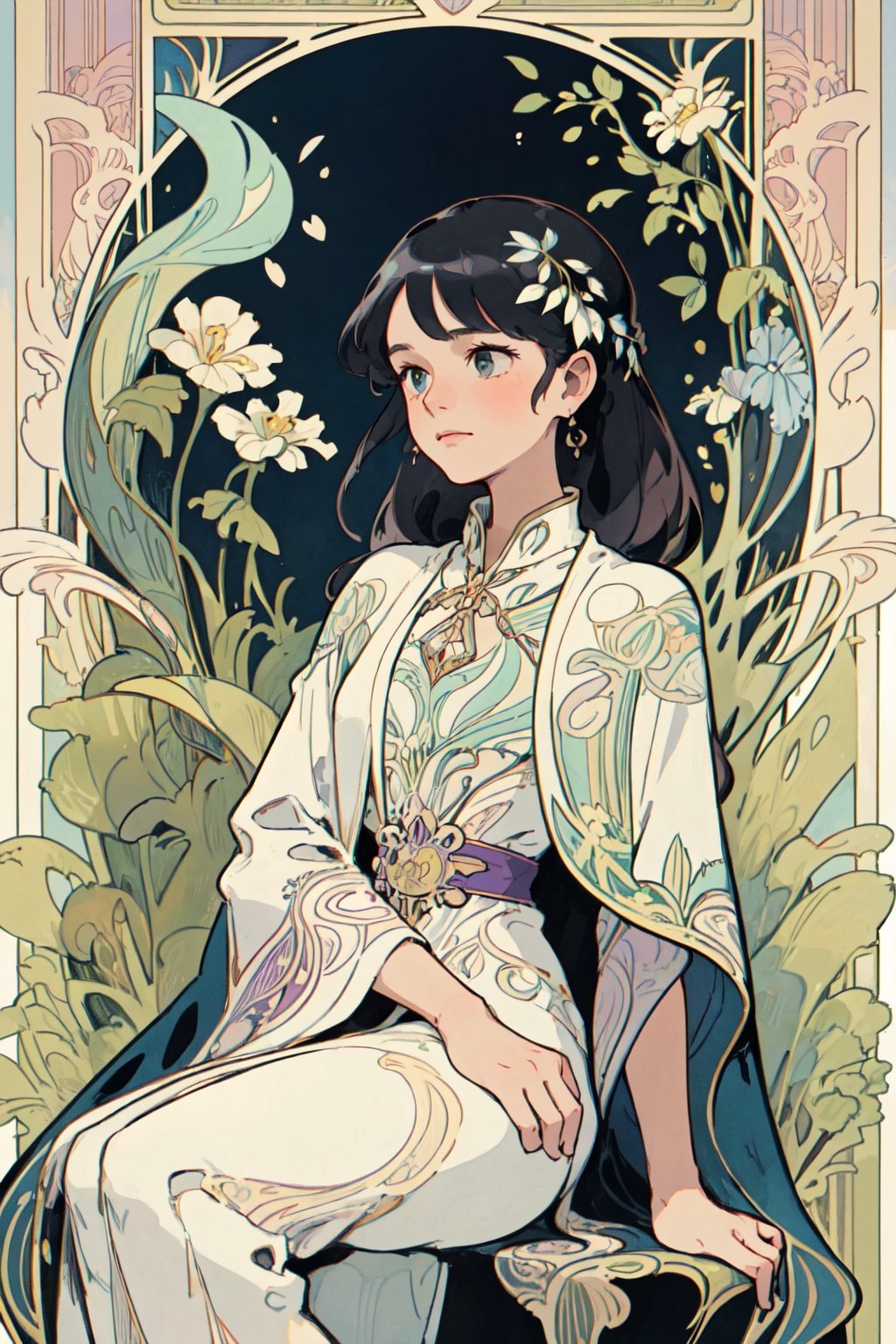 (masterpiece, best quality, highly detailed, ultra-detailed, intricate), illustration, pastel colors, art_nouveau, Art Nouveau by Alphonse Mucha, tarot, A young woman, dressed in a black and white robe and holding a scepter, sits on a white stone bench. Her posture is very dignified and calm, and her expression is calm and deep, as if she is deliberate. Behind her is a black and white door, symbolizing the gateway to wisdom and the inner world.